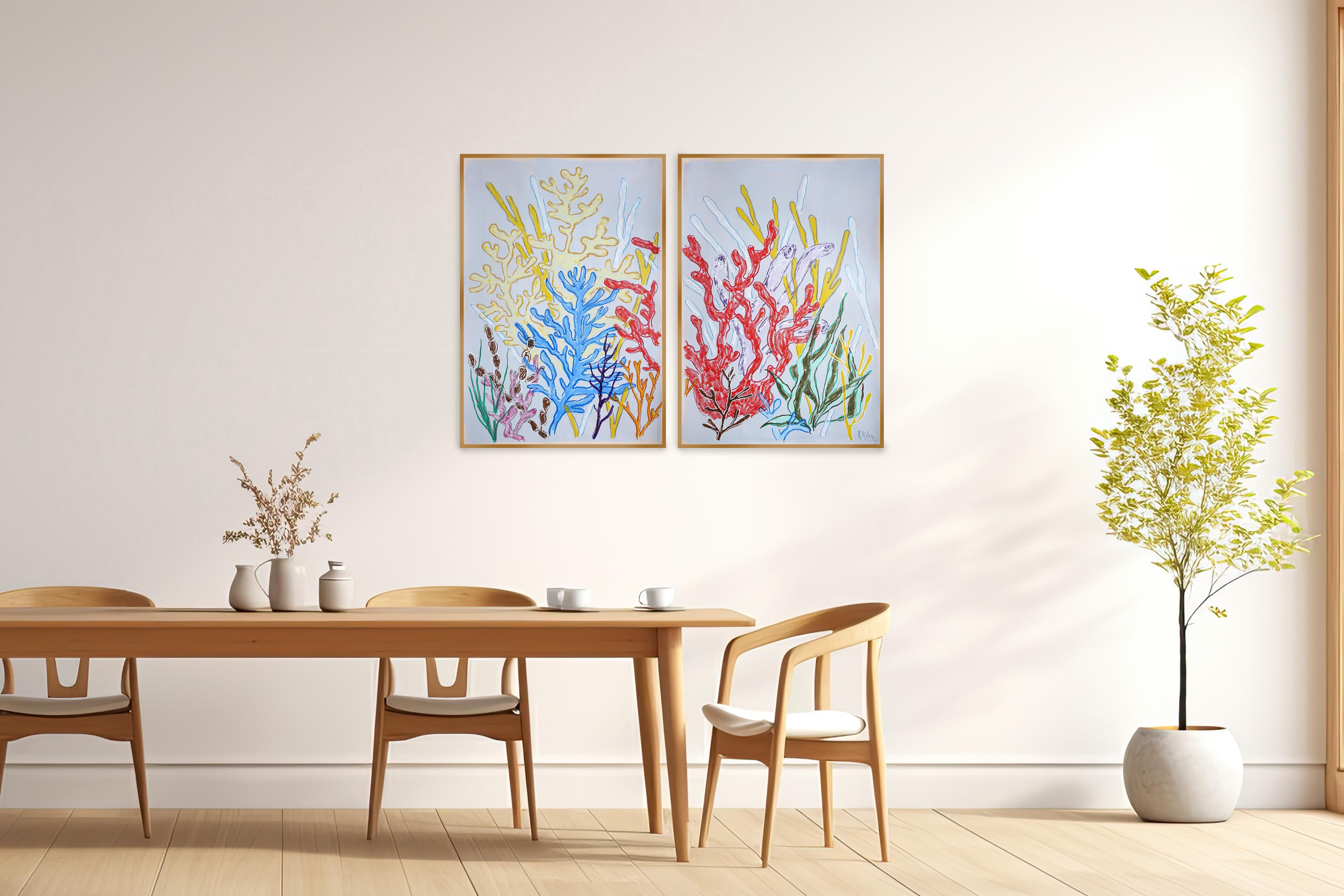Colorful Corals, Marine Diptych, Vivid Tones Reef, Acrylic Painting on Paper For Sale 4