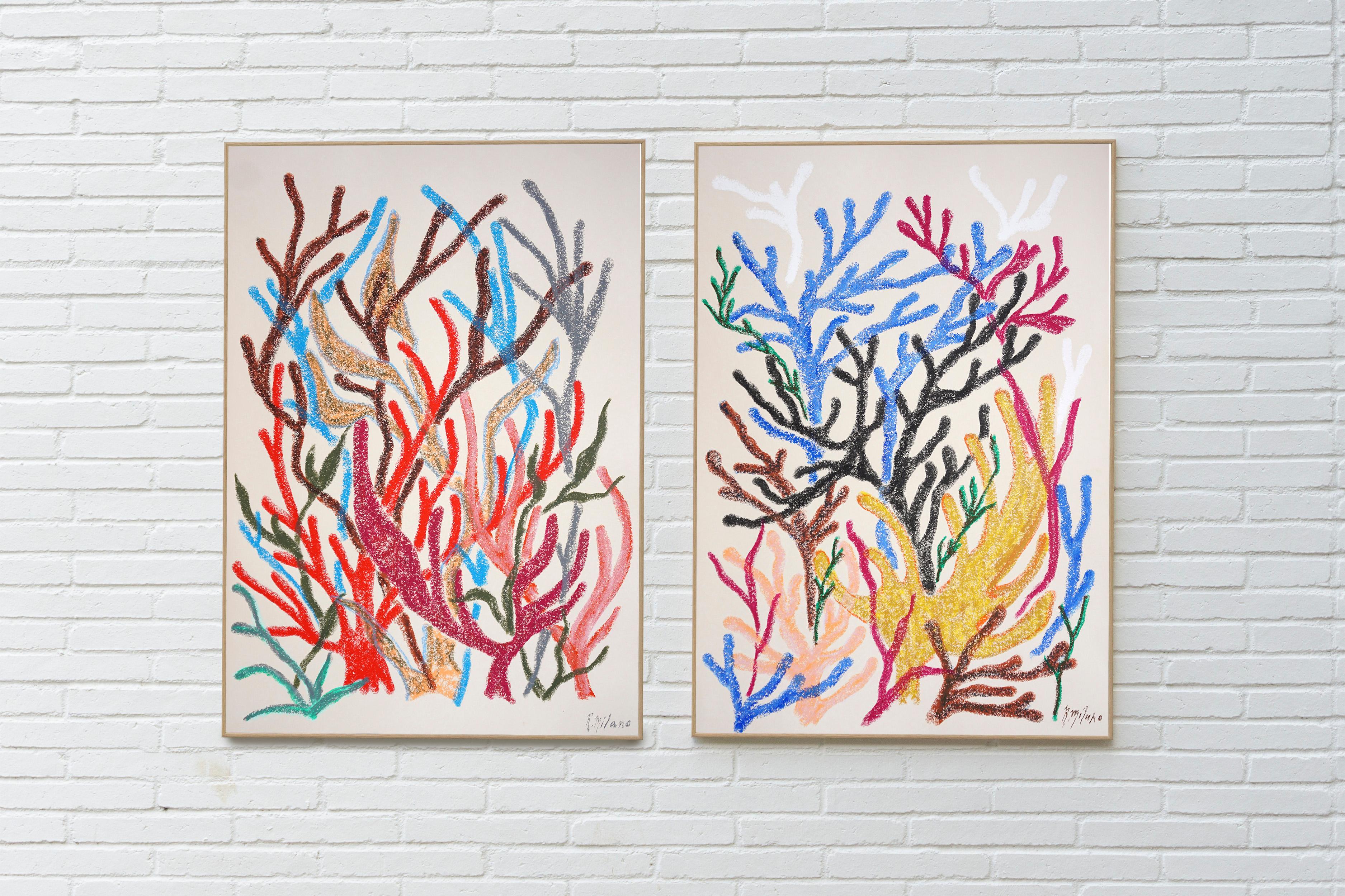 Bunte Meeresvegetation Diptychon, Korallenriff Illustration, lebendige Töne, Papier – Painting von Romina Milano