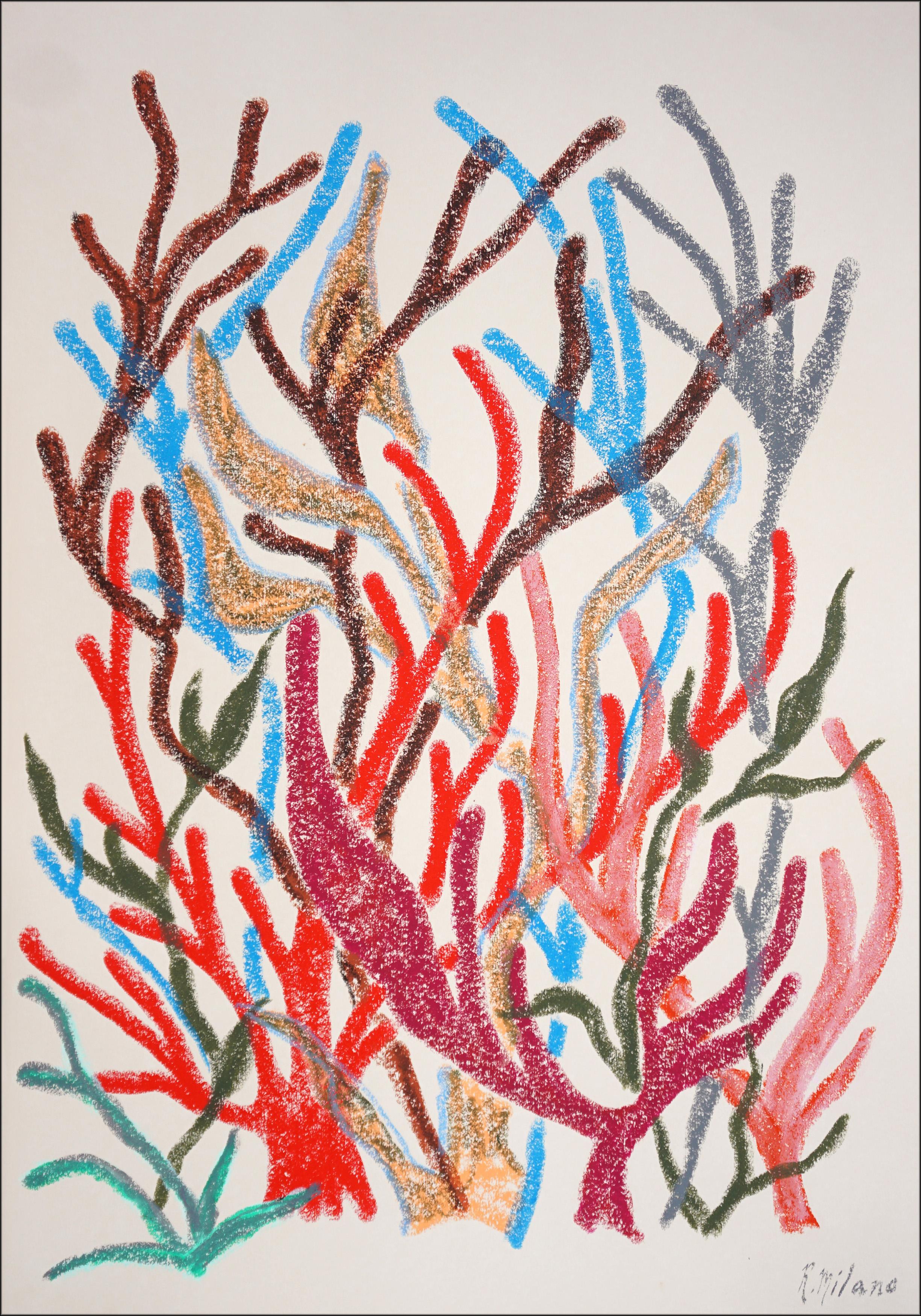 Bunte Meeresvegetation Diptychon, Korallenriff Illustration, lebendige Töne, Papier (Beige), Landscape Painting, von Romina Milano