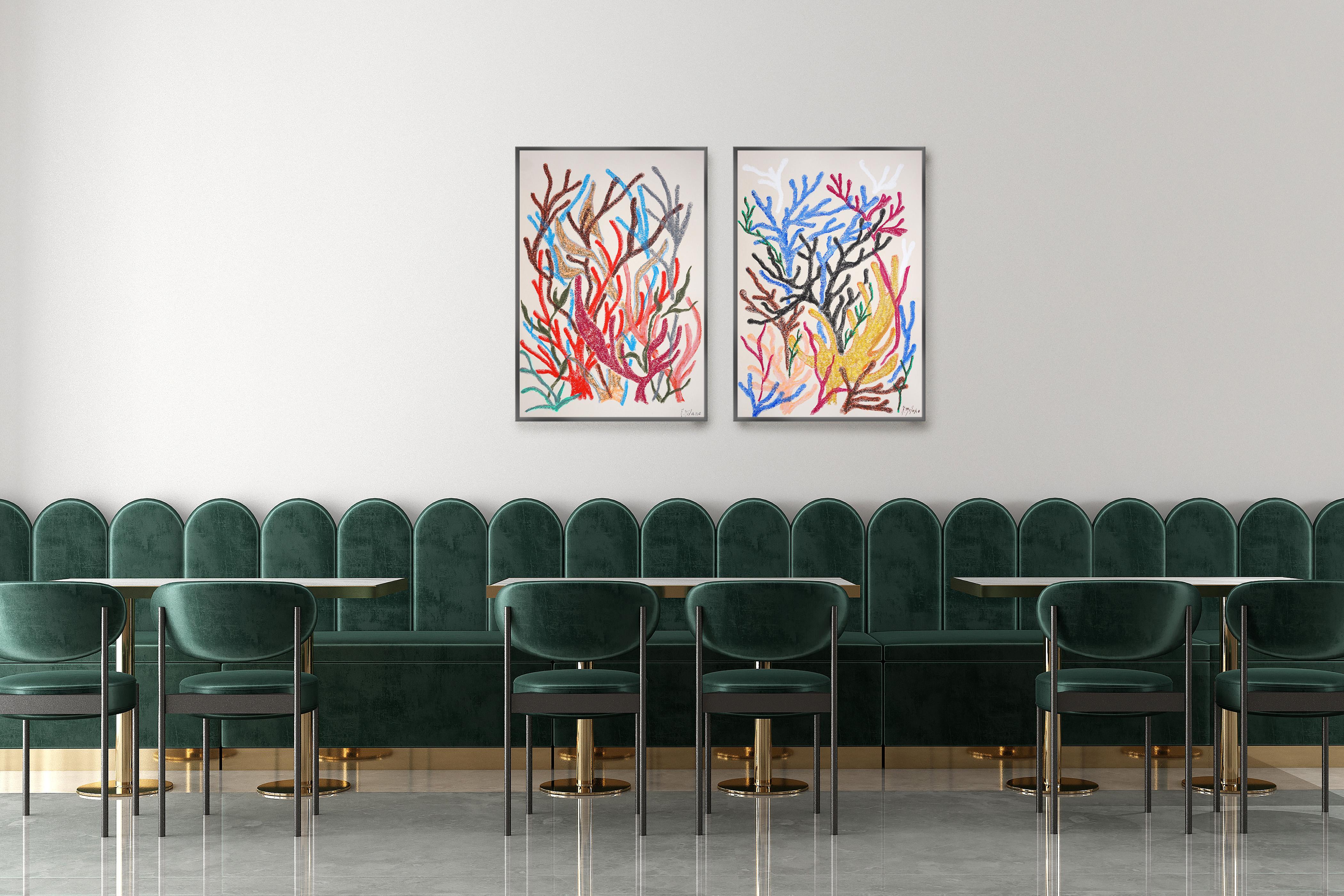 Bunte Meeresvegetation Diptychon, Korallenriff Illustration, lebendige Töne, Papier im Angebot 1