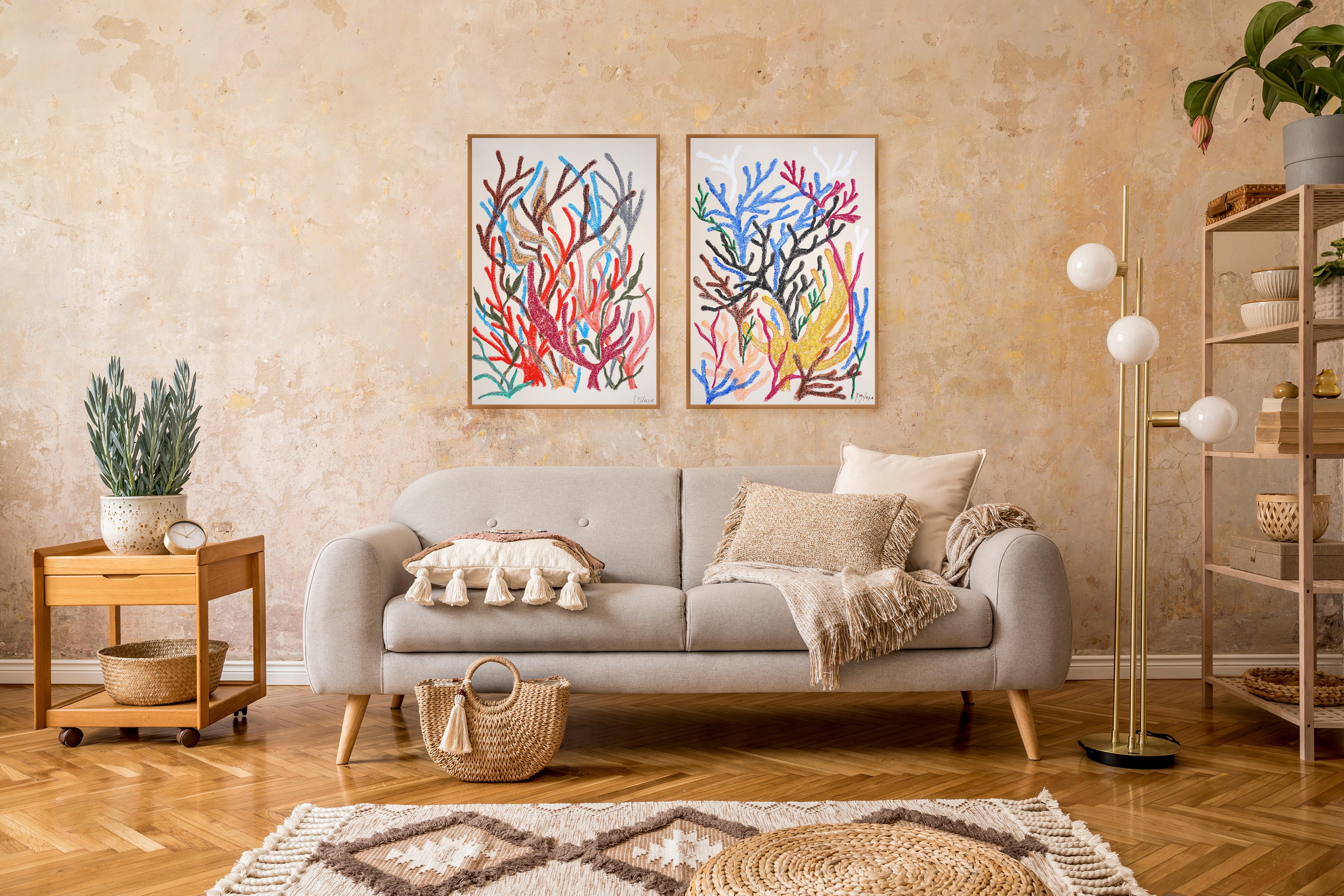 Bunte Meeresvegetation Diptychon, Korallenriff Illustration, lebendige Töne, Papier im Angebot 3