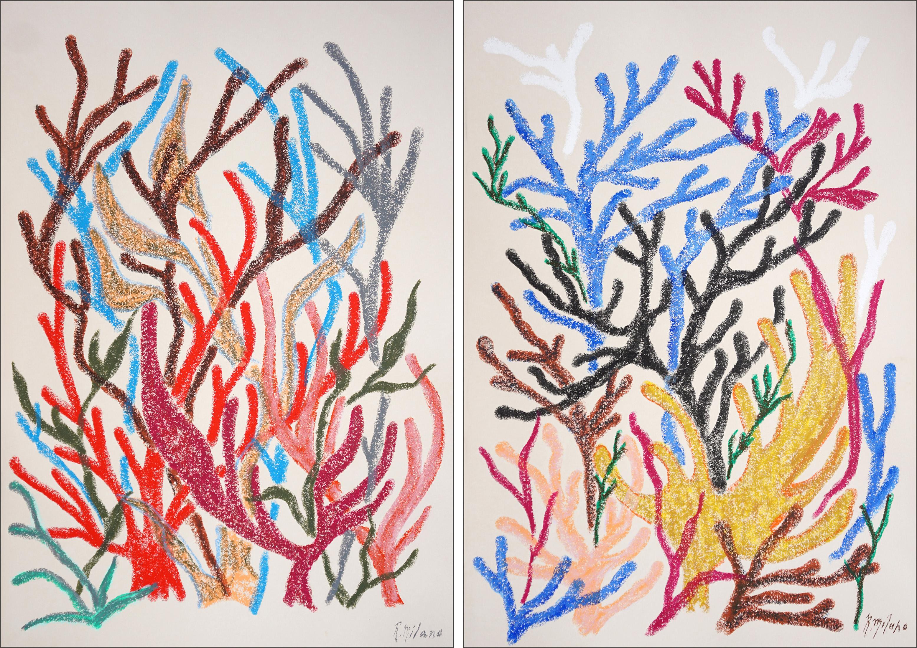 Colorful Marine Vegetation Diptych, Coral Reef Illustration, Vivid Tones, Paper