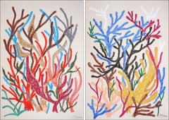 Diptyque de végétation marine colorée, illustration de récif corallien, tons vifs, papier
