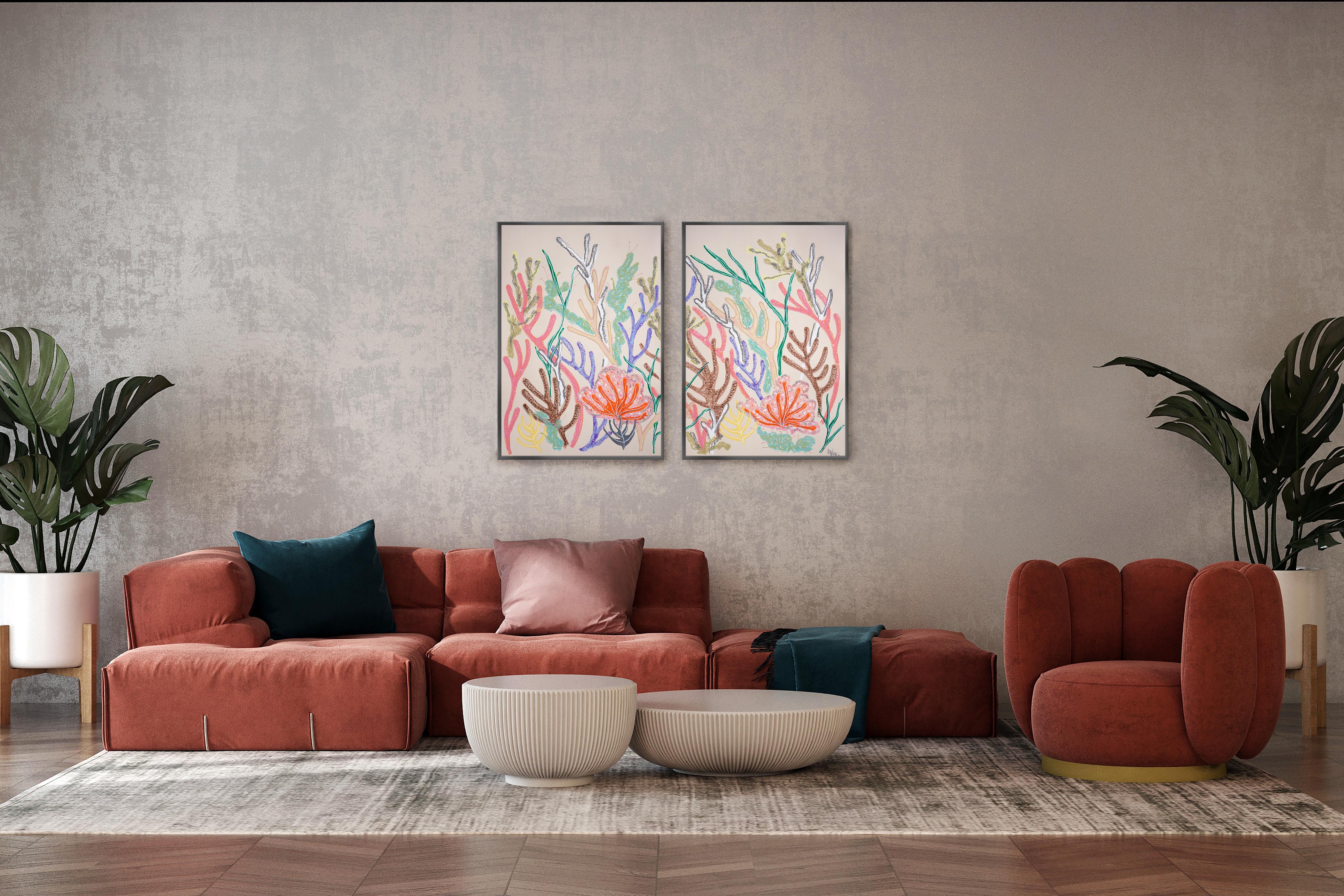 Dittico di corallo contemporaneo in toni pastello, stile illustrazione astratta della barriera corallina in vendita 3