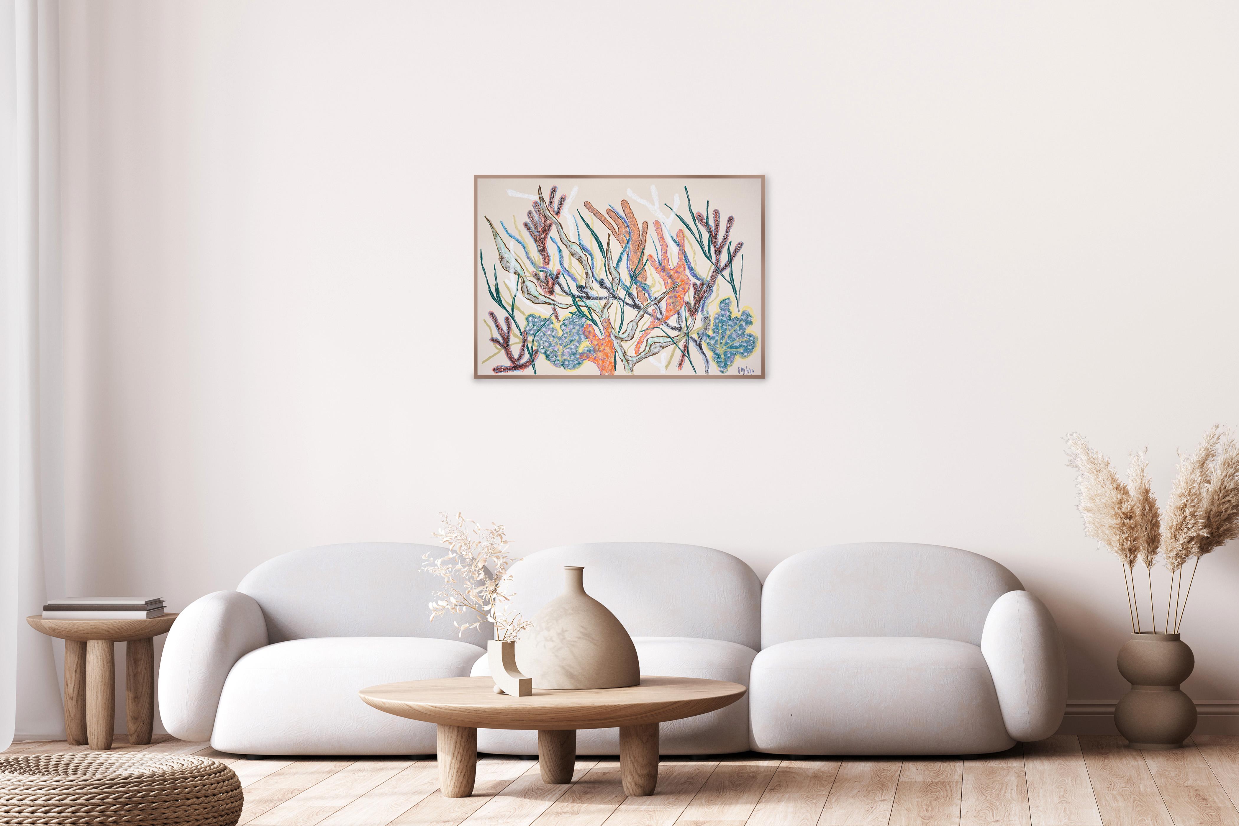 Mosaïque de corail, forêt horizontale de récifs coralliens dans des tons doux, style illustration - Painting de Romina Milano