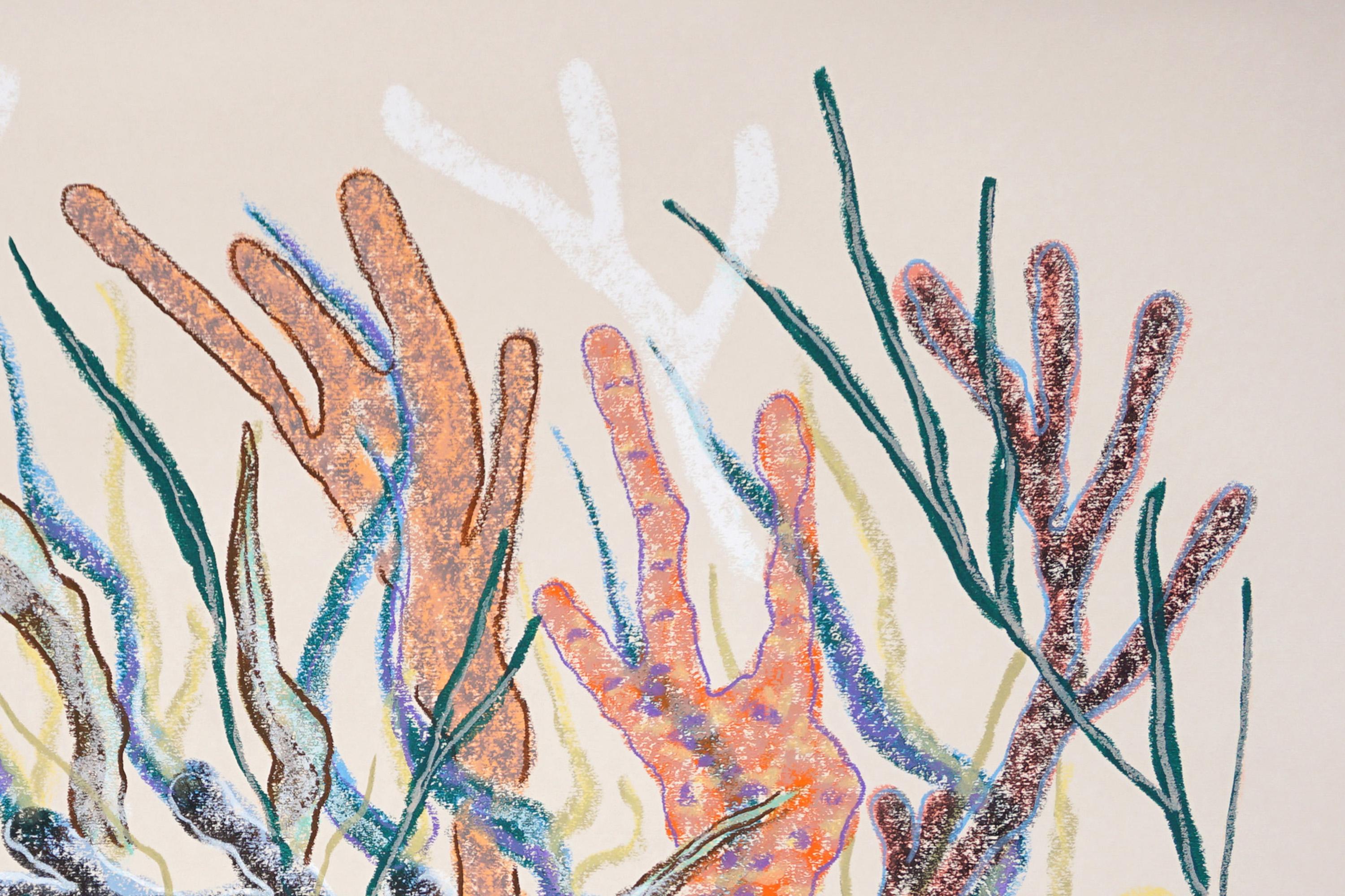 Mosaïque de corail, forêt horizontale de récifs coralliens dans des tons doux, style illustration en vente 1