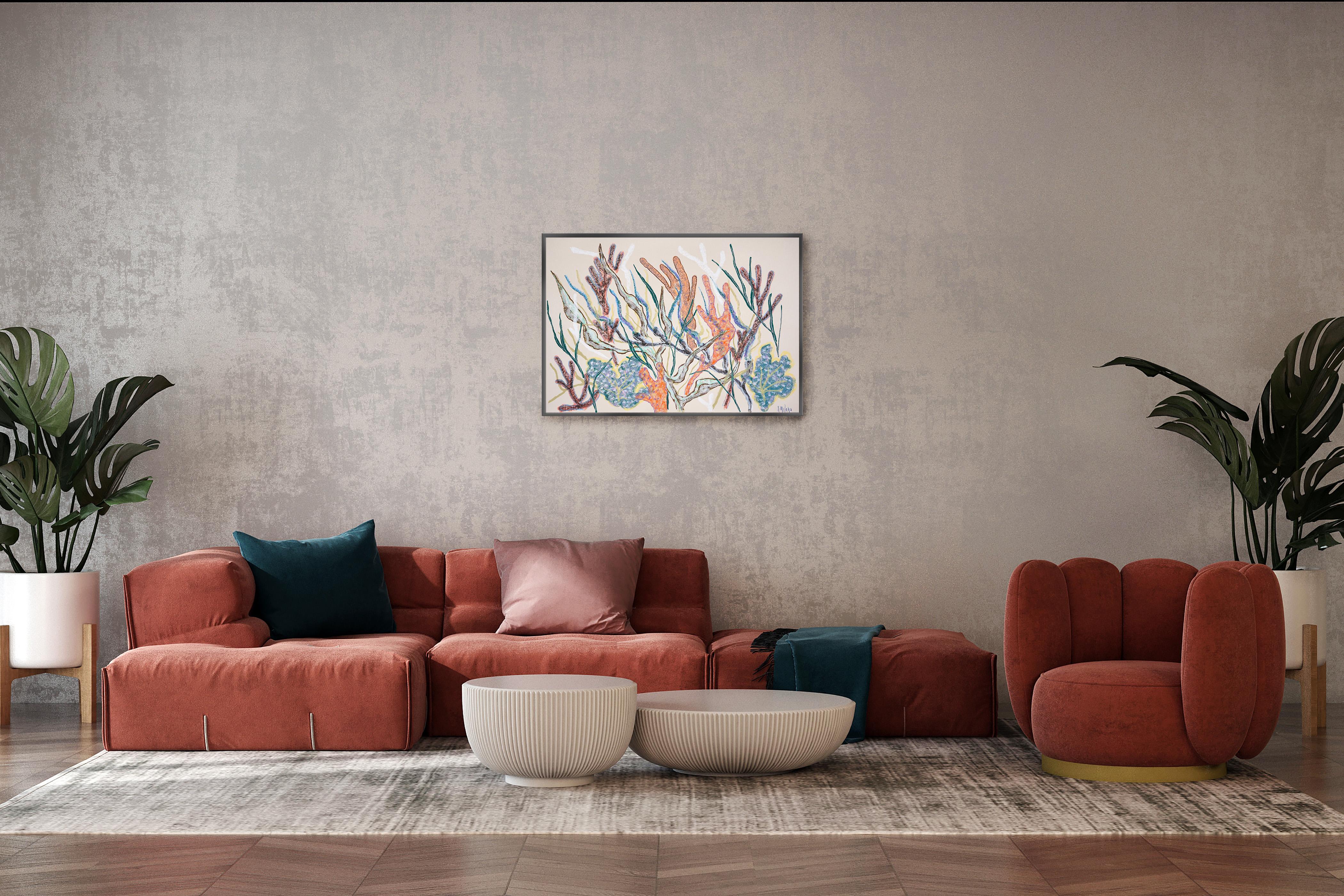 Mosaïque de corail, forêt horizontale de récifs coralliens dans des tons doux, style illustration en vente 2