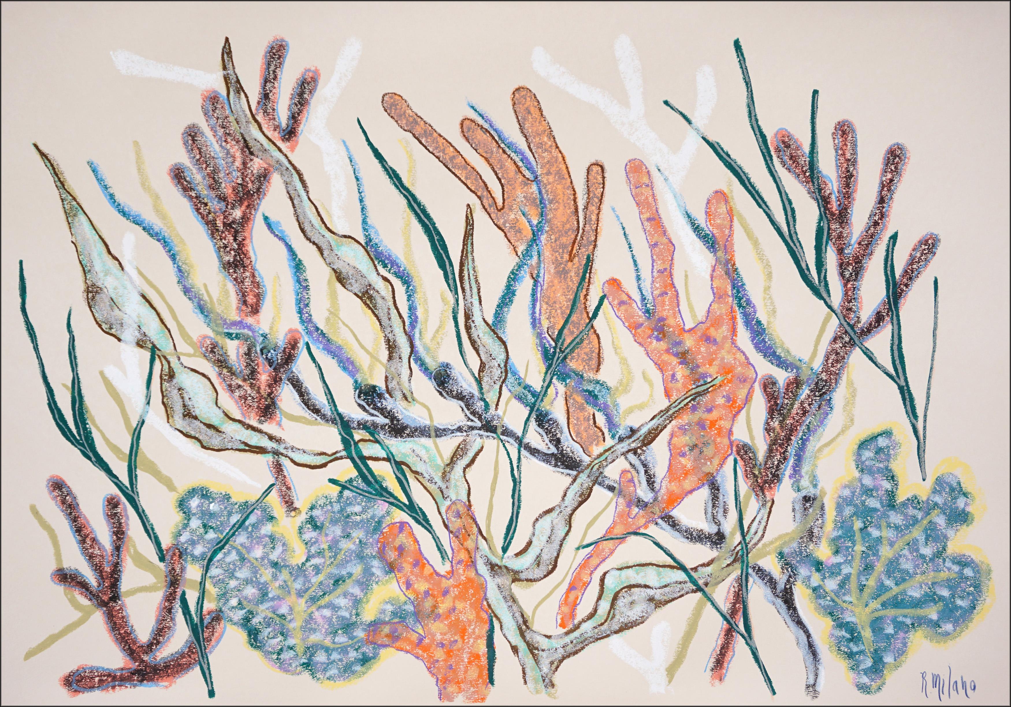 Still-Life Painting Romina Milano - Mosaïque de corail, forêt horizontale de récifs coralliens dans des tons doux, style illustration
