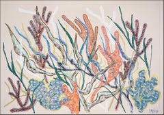 Mosaico de coral, bosque horizontal de arrecifes de coral en tonos suaves, estilo ilustración