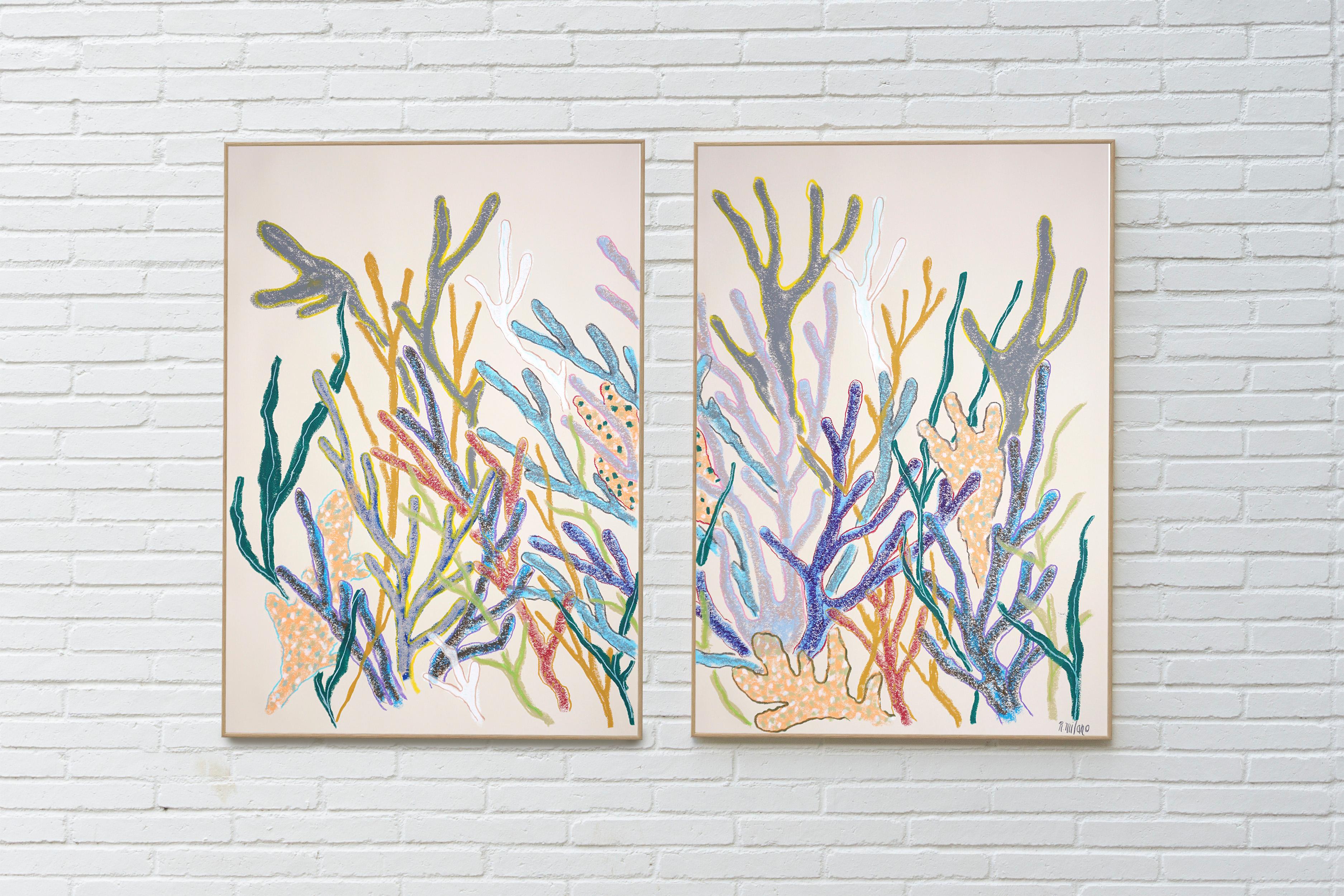 Diptyque de peinture de récifs coralliens dans des tons pastel, abstraction de la vie marine sur papier - Painting de Romina Milano