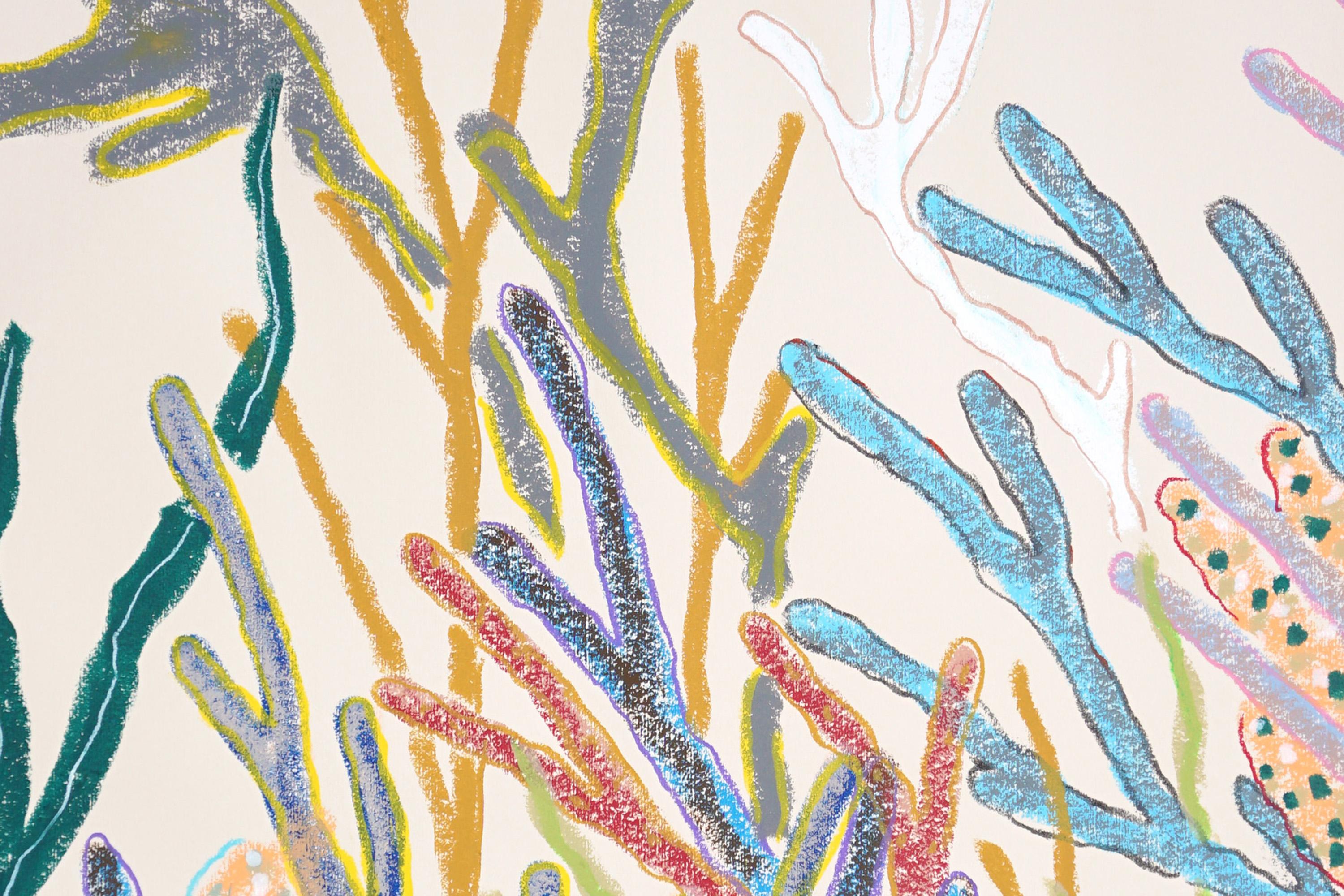 Diptyque de peinture de récifs coralliens dans des tons pastel, abstraction de la vie marine sur papier en vente 2