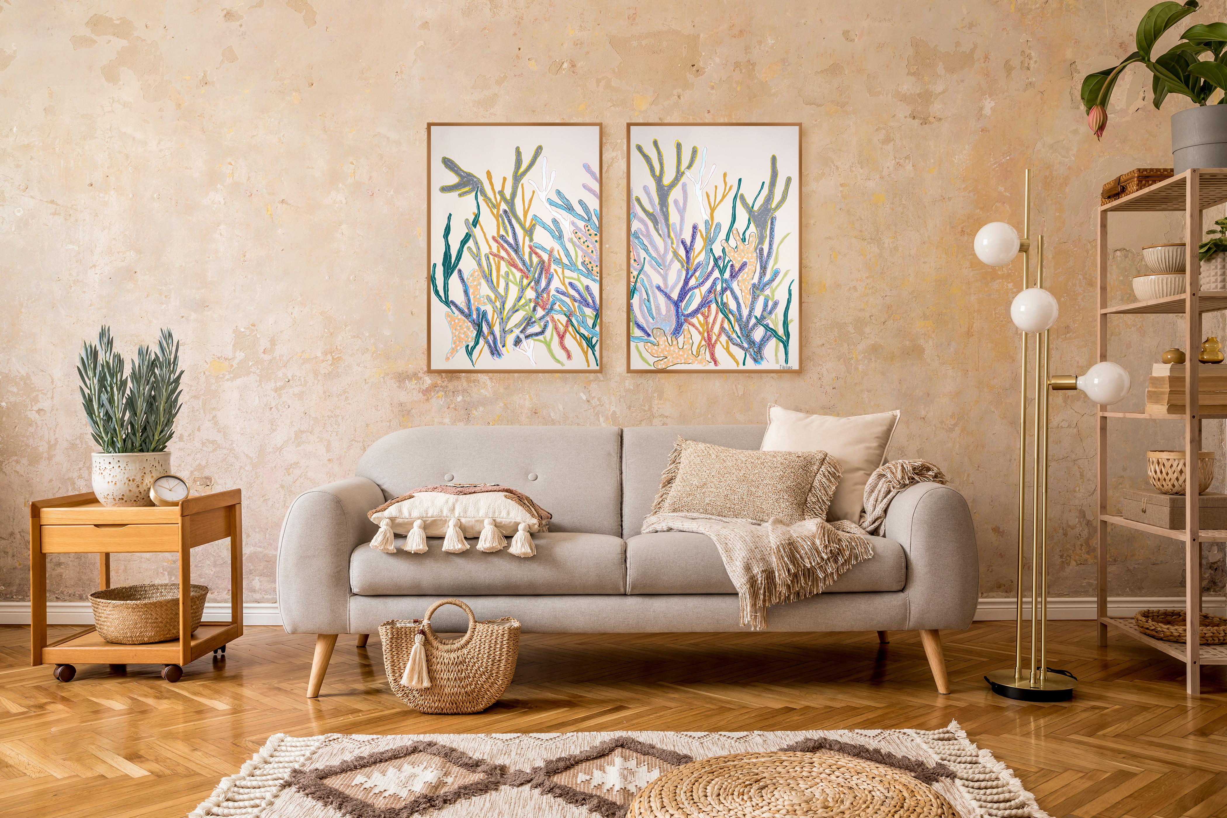 Diptyque de peinture de récifs coralliens dans des tons pastel, abstraction de la vie marine sur papier en vente 3