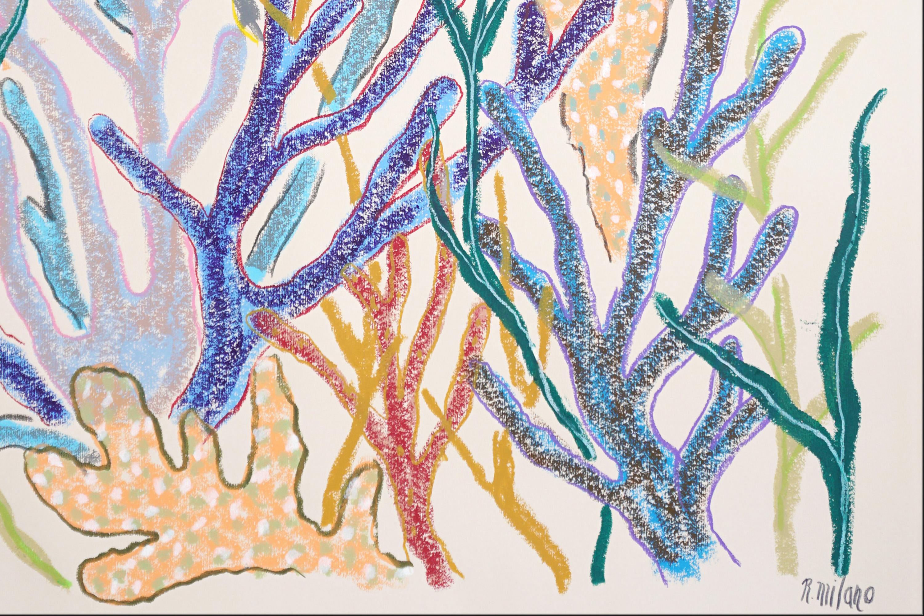 Diptyque de peinture de récifs coralliens dans des tons pastel, abstraction de la vie marine sur papier en vente 4
