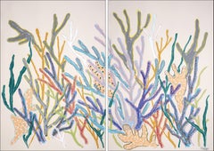 Coral Reef Painting Diptych in Pastel Tones, Marine Life Abstraction on Paper