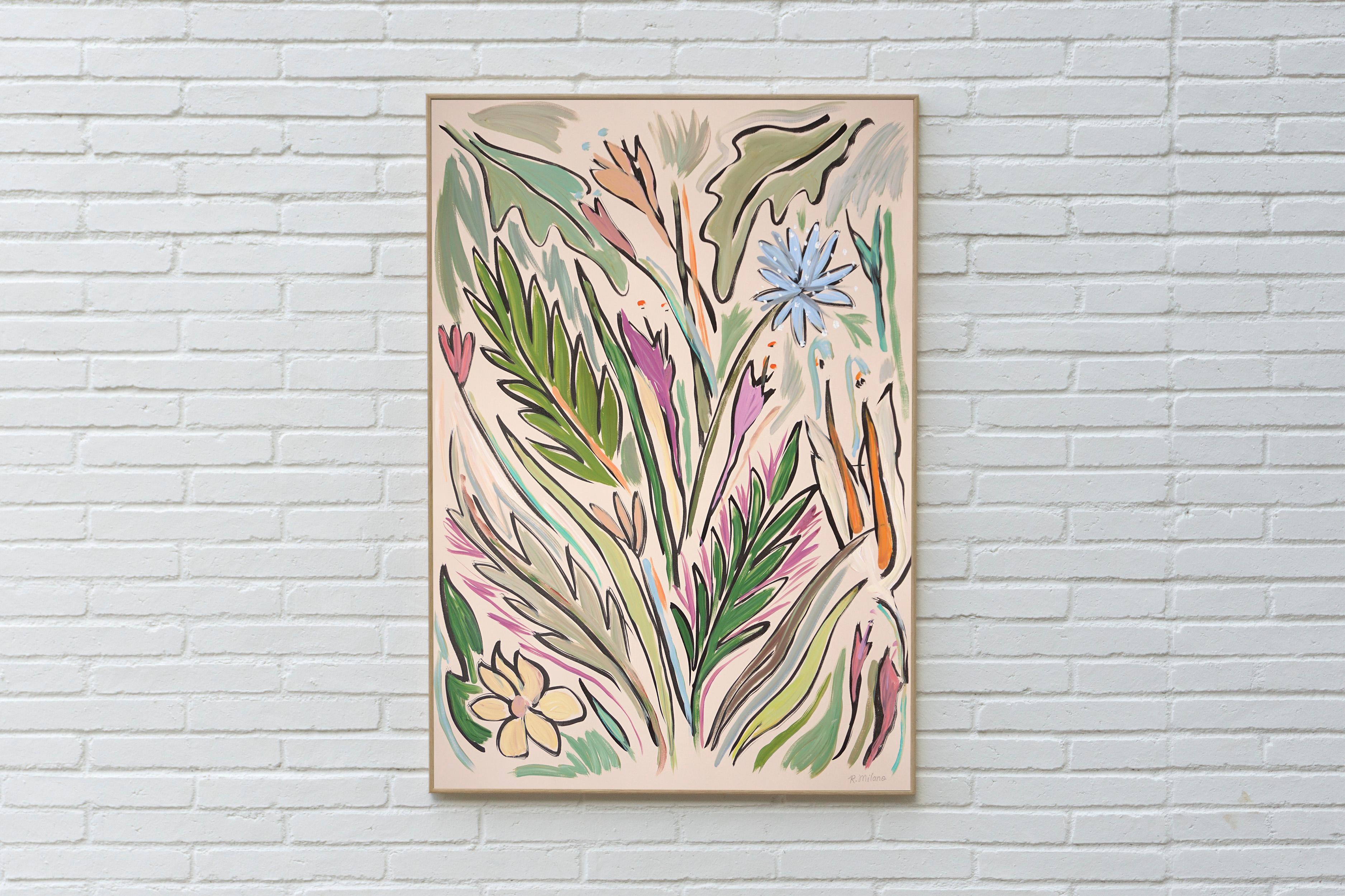 Bouquet di denti di leone, viola, scena botanica espressionista astratta, foglie verdi - Painting di Romina Milano