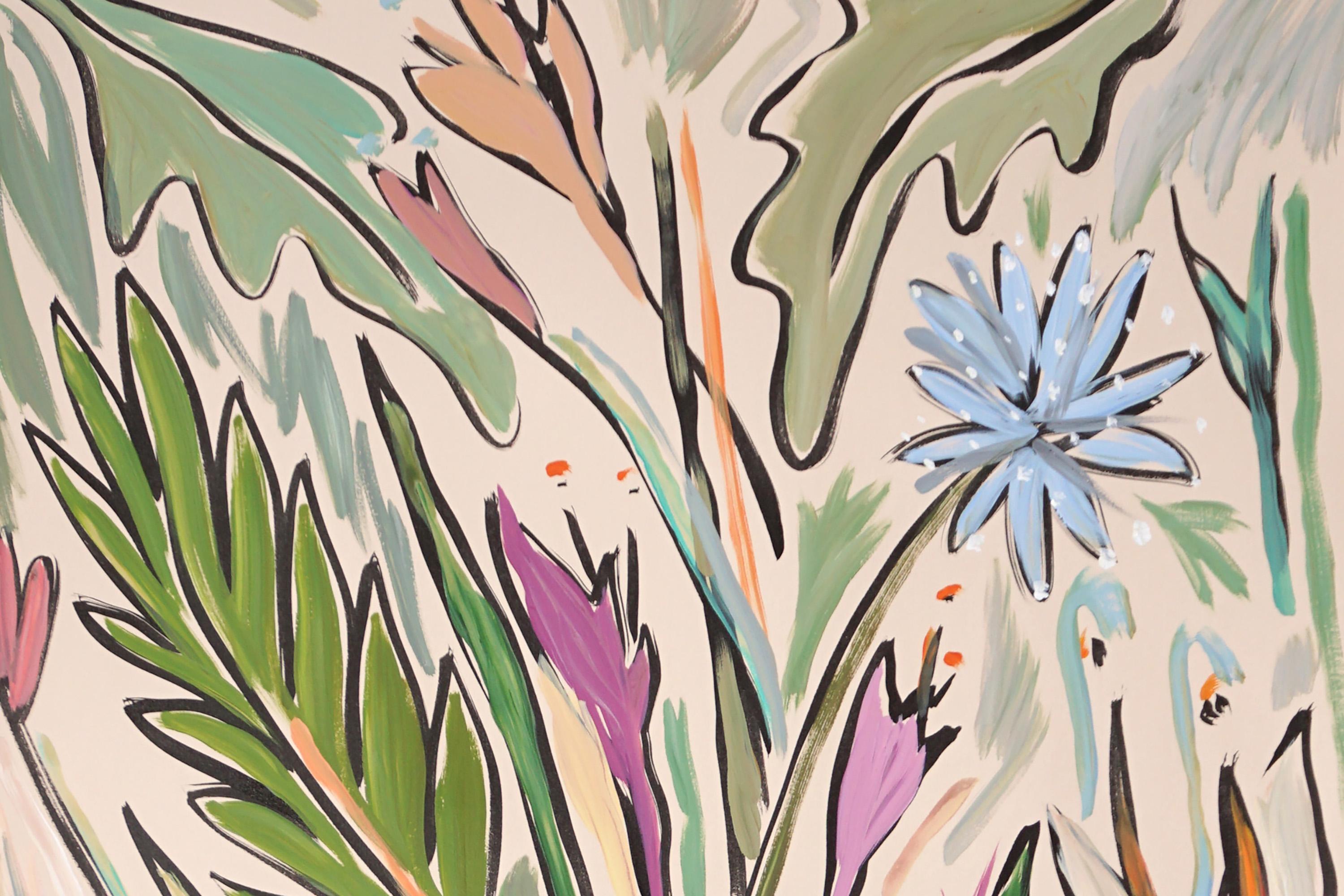 Bouquet di denti di leone, viola, scena botanica espressionista astratta, foglie verdi 2