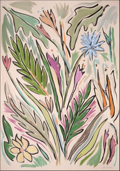 Bouquet de dandelion violet, scène botanique expressionniste abstraite, feuilles vertes