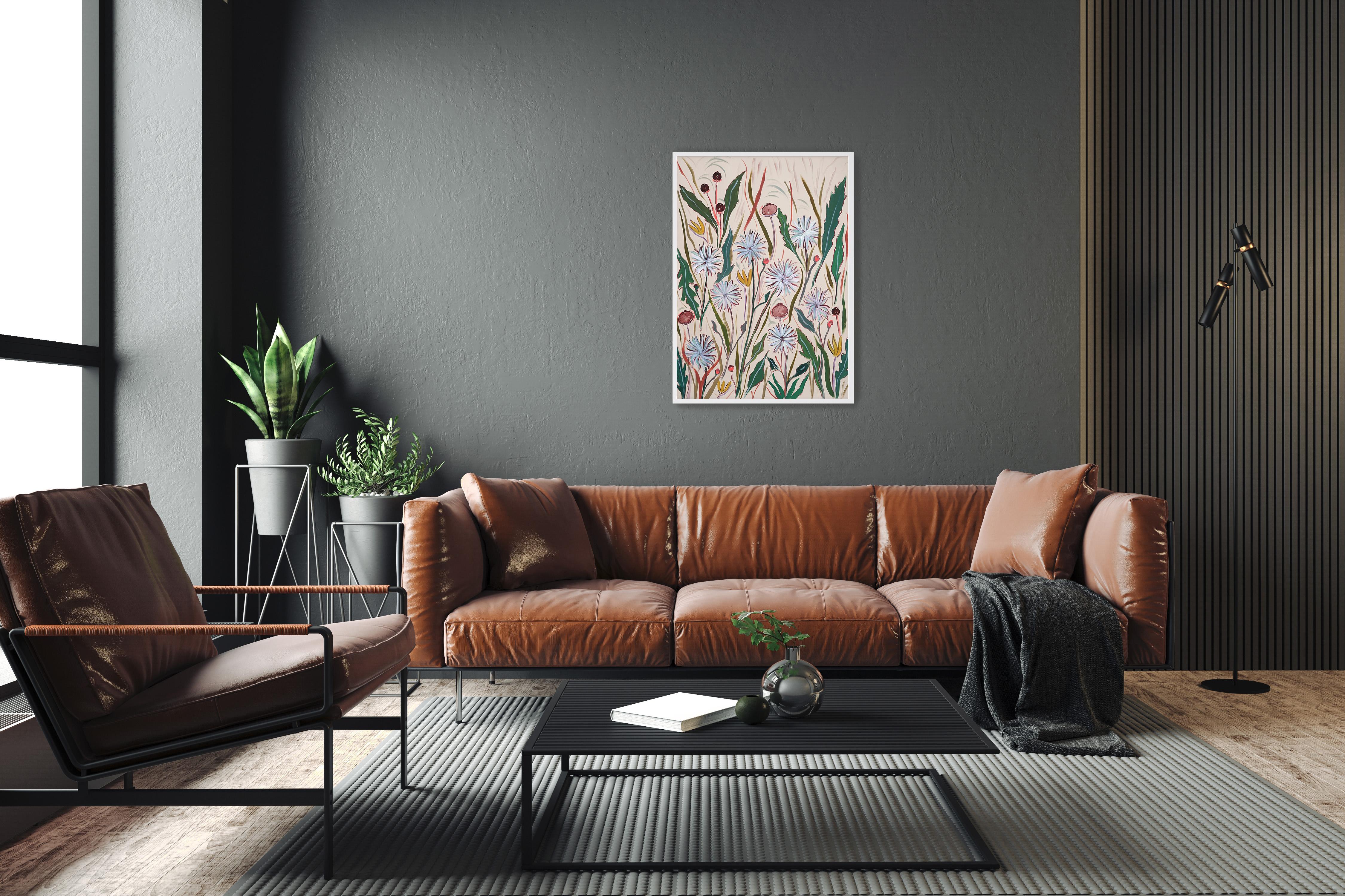 Jardín de Dientes de León, Estilo Ilustración, Tonos Suaves, Gestos Expresionistas Flora - Painting Realista de Romina Milano