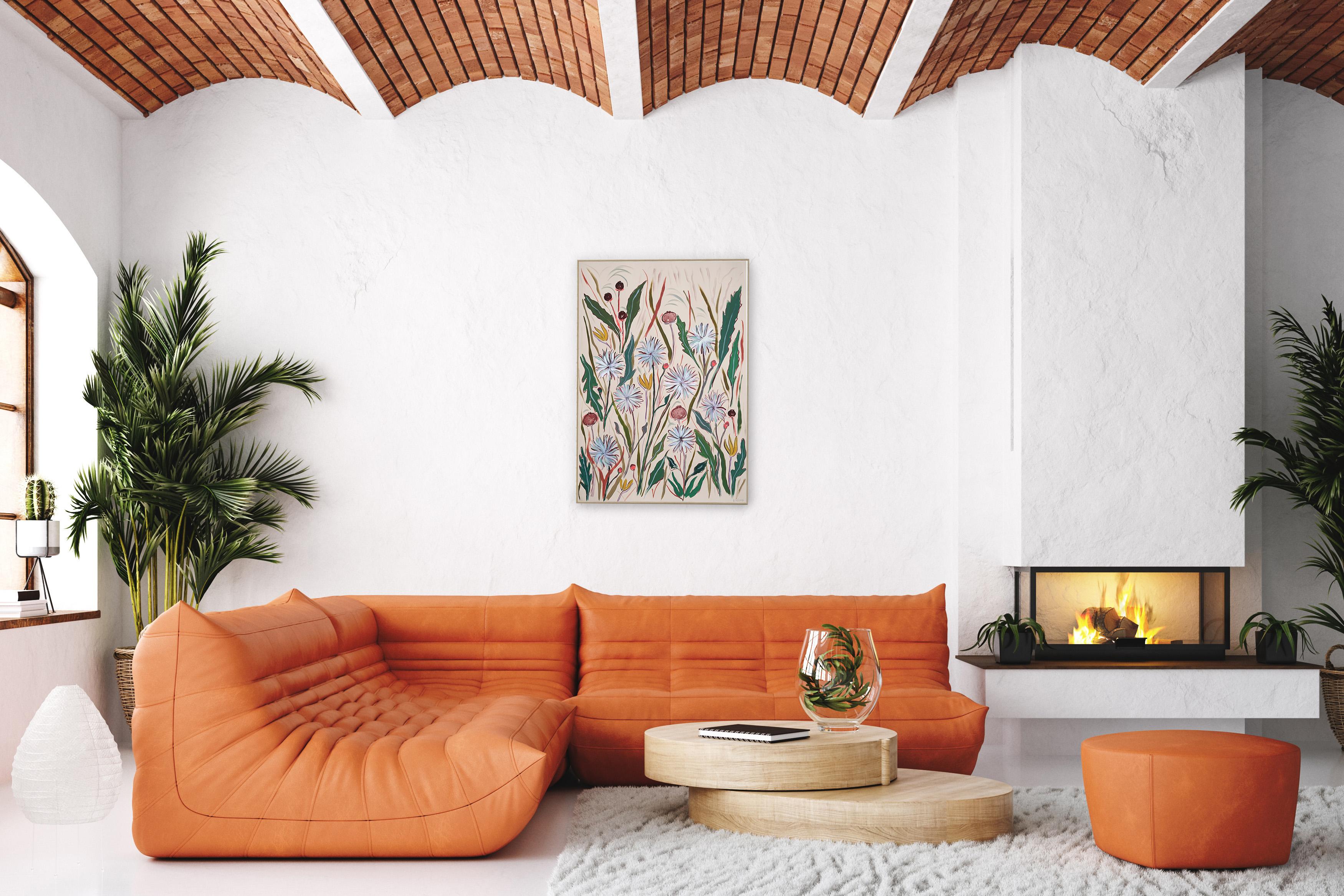 Jardín de Dientes de León, Estilo Ilustración, Tonos Suaves, Gestos Expresionistas Flora - Landscape Painting Beige de Romina Milano