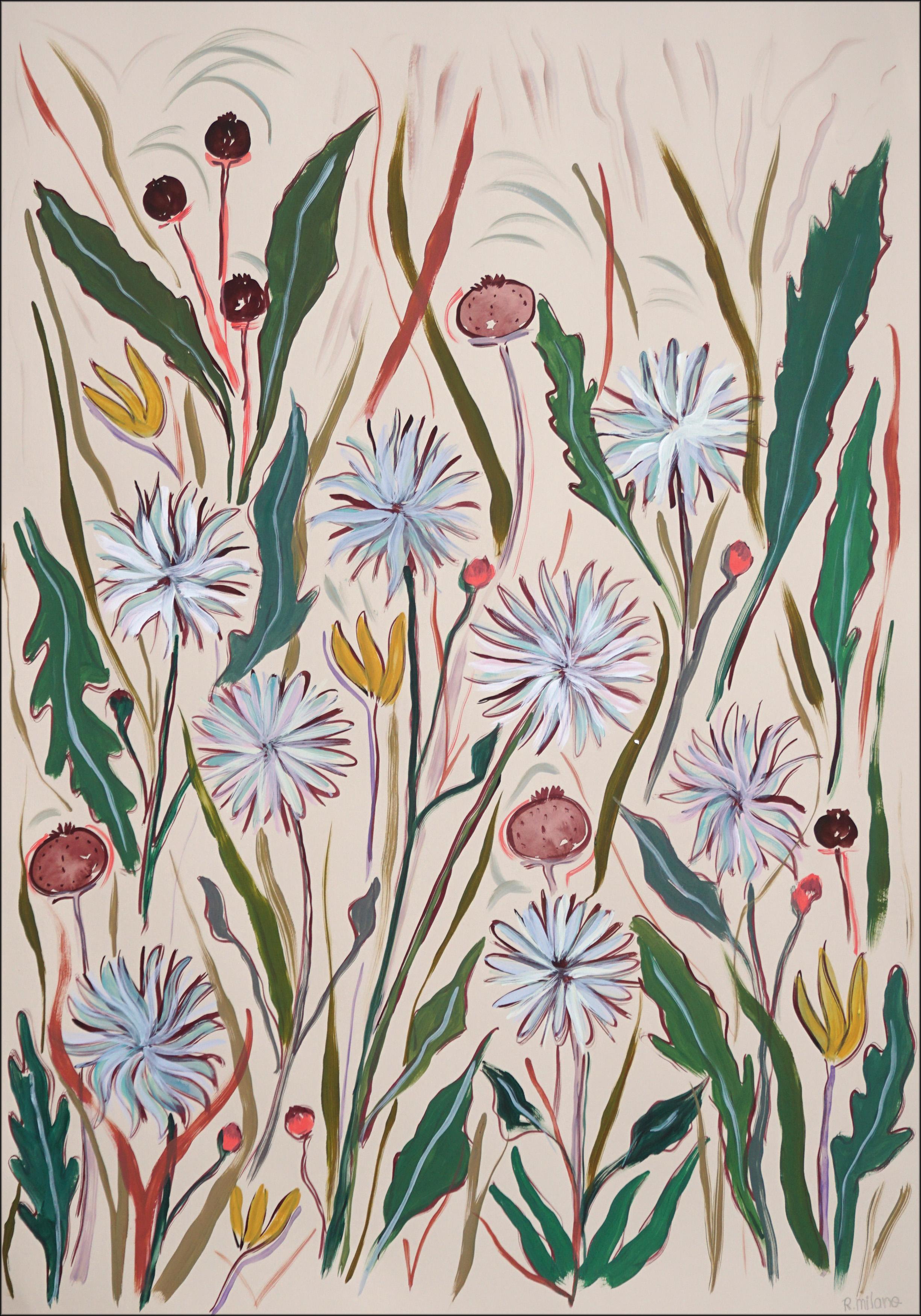 Romina Milano Still-Life Painting - Dandelion Garden, Illustration Style, Soft Tones, Expressionist Gestures Flora