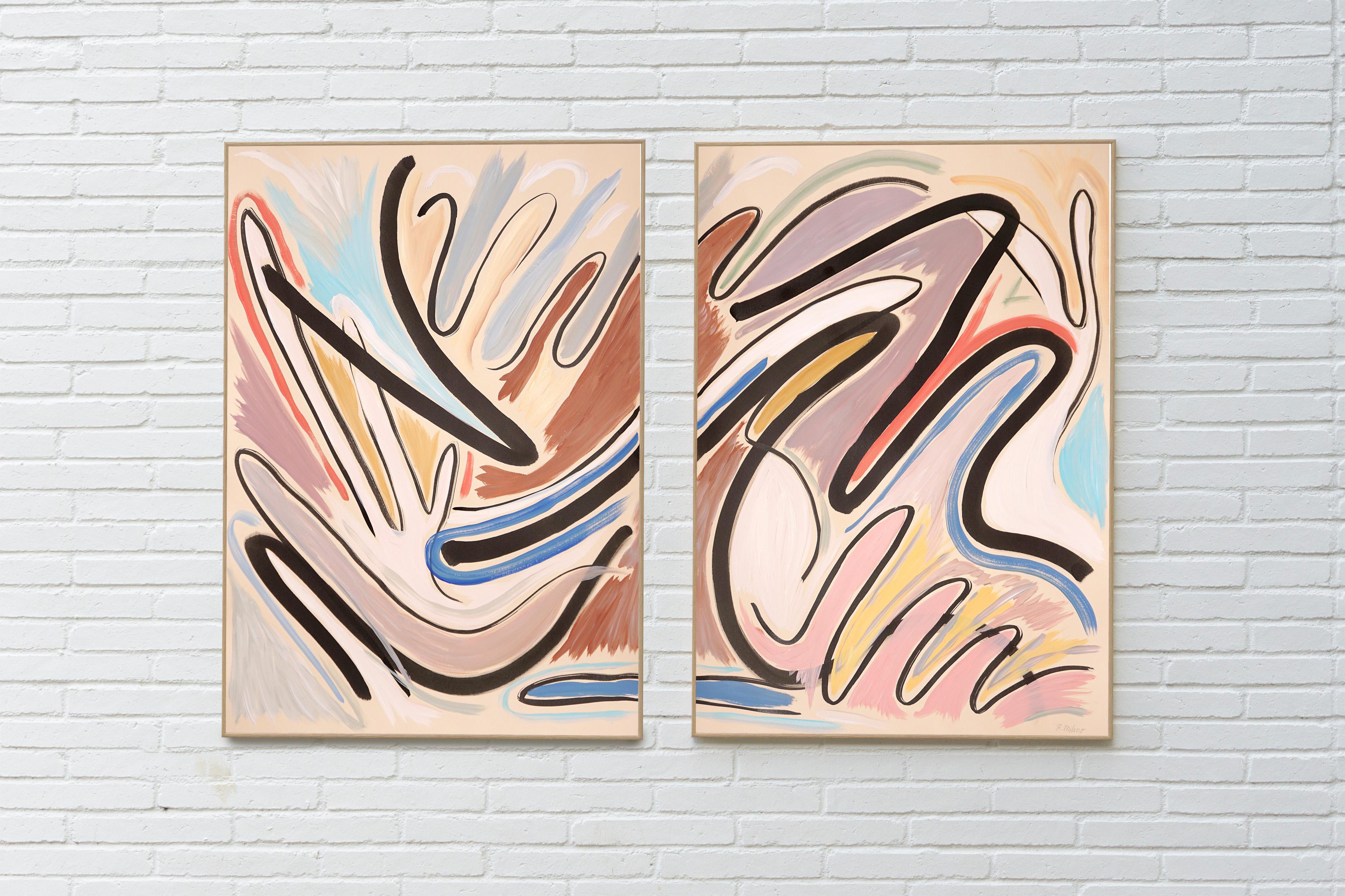 Dreaming in a Cave, Pastel Pink and Blue Diptych, Cartoon Style Black Lines - Painting by Romina Milano