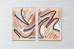 Dreaming in a Cave, Pastel Pink and Blue Diptych, Cartoon Style Black Lines