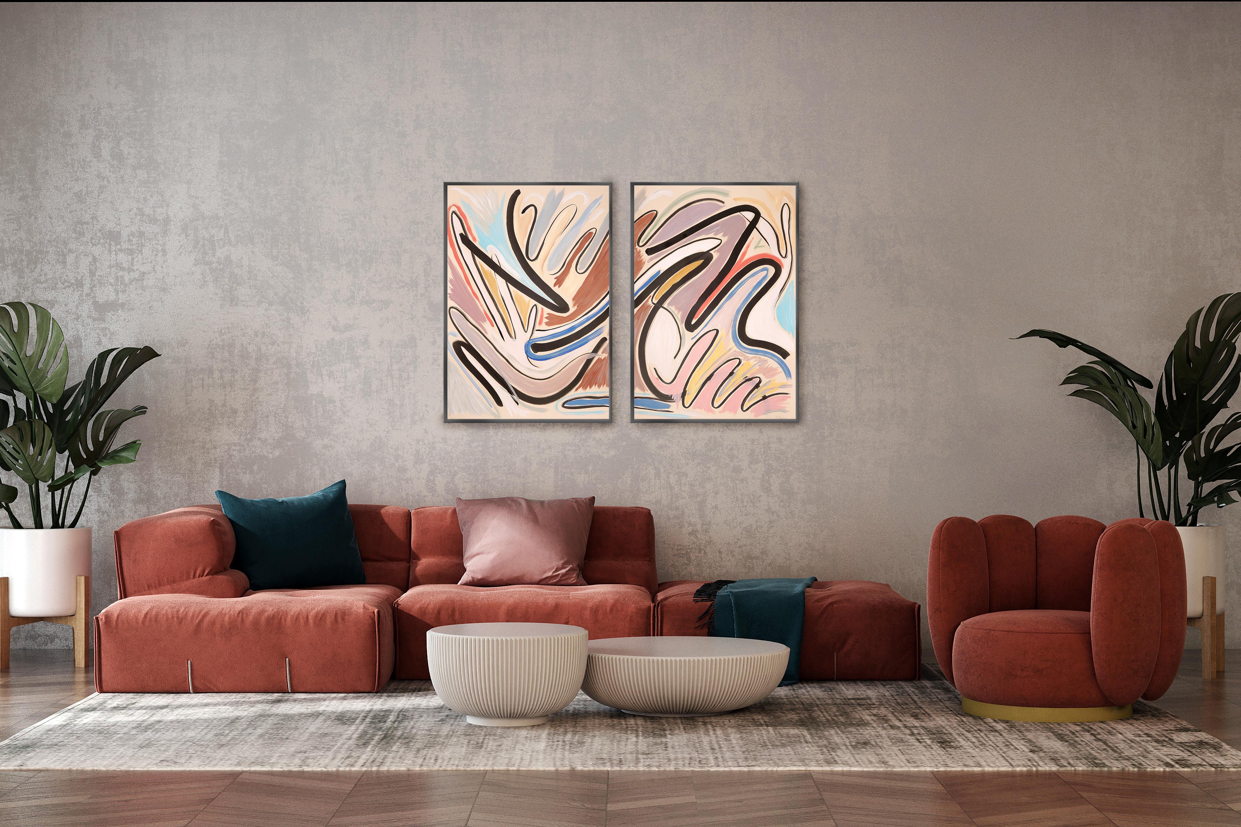 Dreaming in a Cave, Pastel Pink and Blue Diptych, Cartoon Style Black Lines - Abstract Painting by Romina Milano