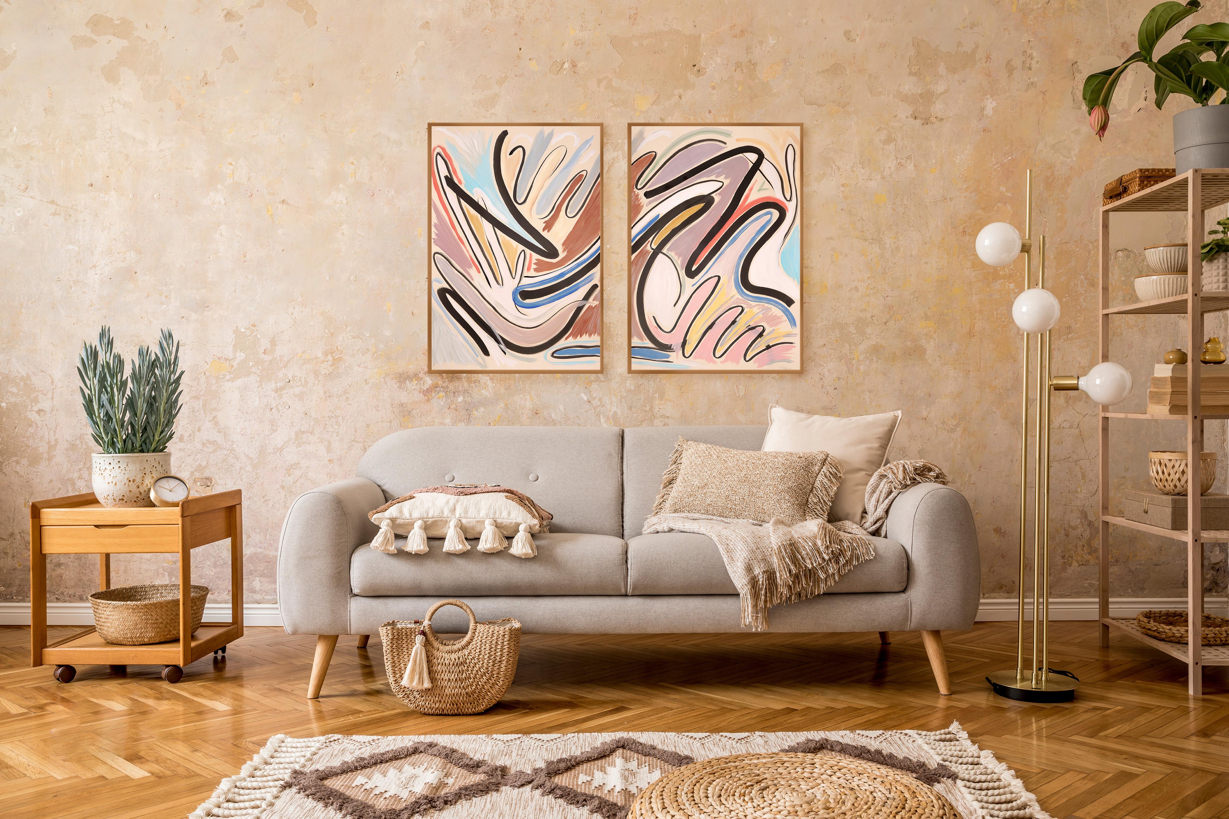 Dreaming in a Cave, Pastel Pink and Blue Diptych, Cartoon Style Black Lines For Sale 1