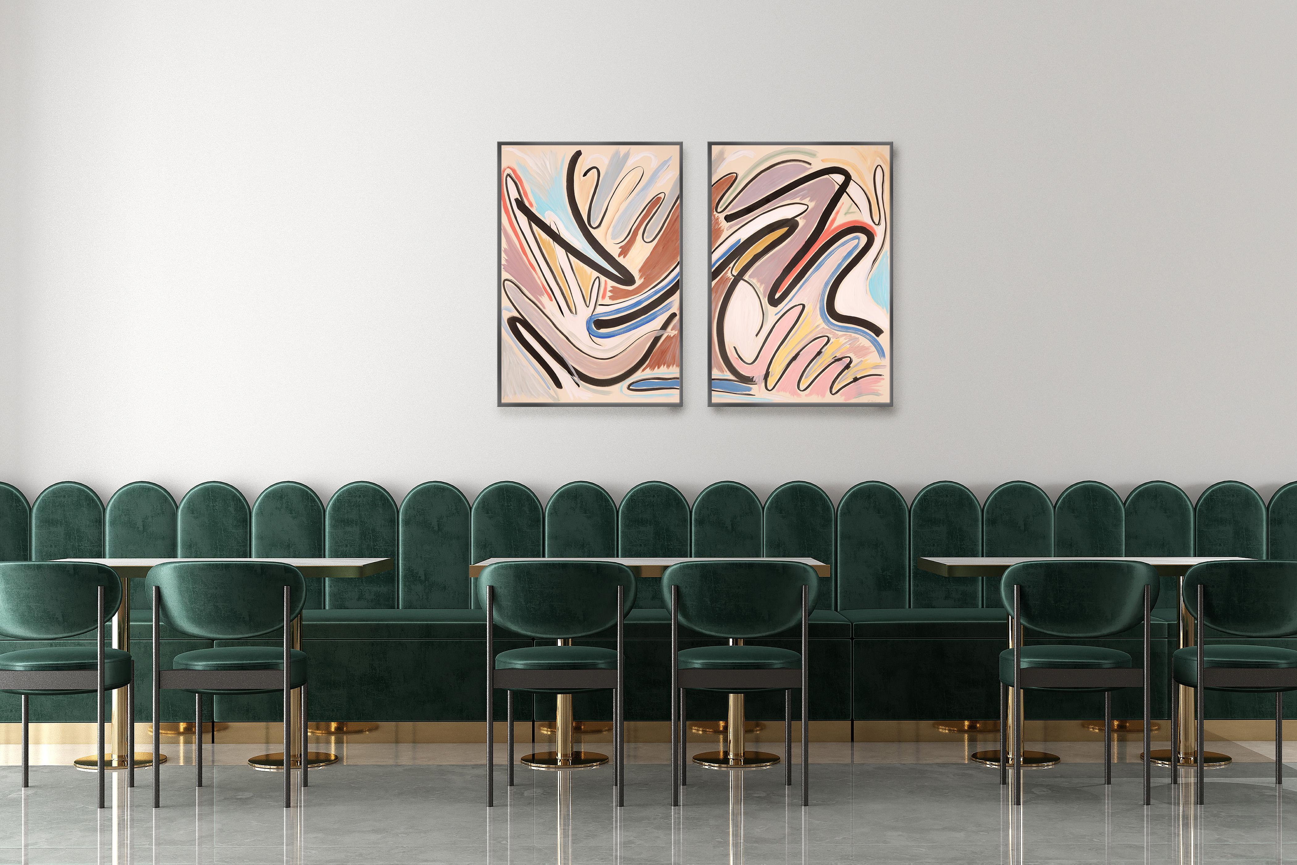Dreaming in a Cave, Pastel Pink and Blue Diptych, Cartoon Style Black Lines For Sale 2