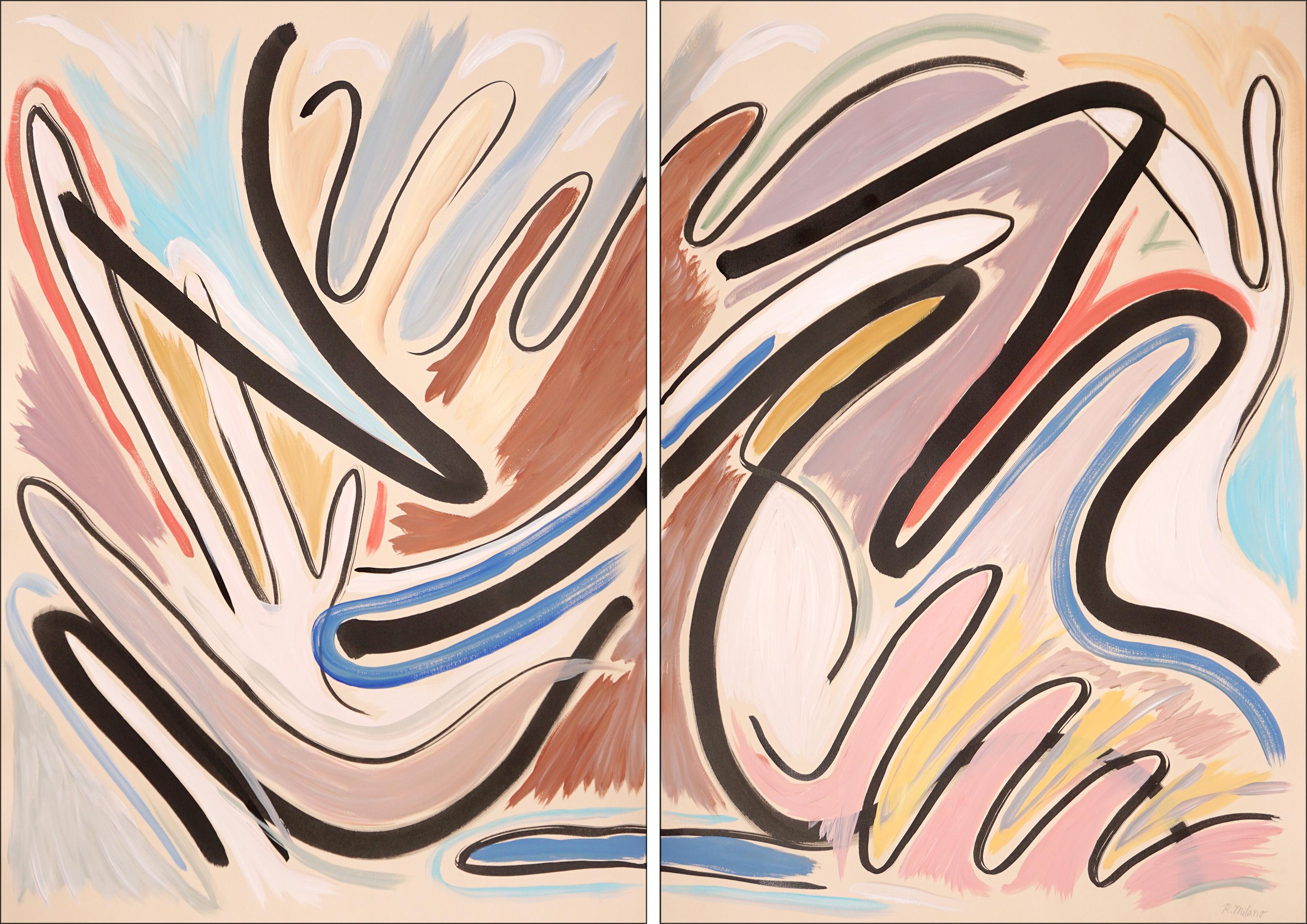 Romina Milano Abstract Painting - Dreaming in a Cave, Pastel Pink and Blue Diptych, Cartoon Style Black Lines
