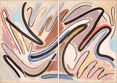 Dreaming in a Cave, Pastel Pink and Blue Diptych, Cartoon Style Black Lines