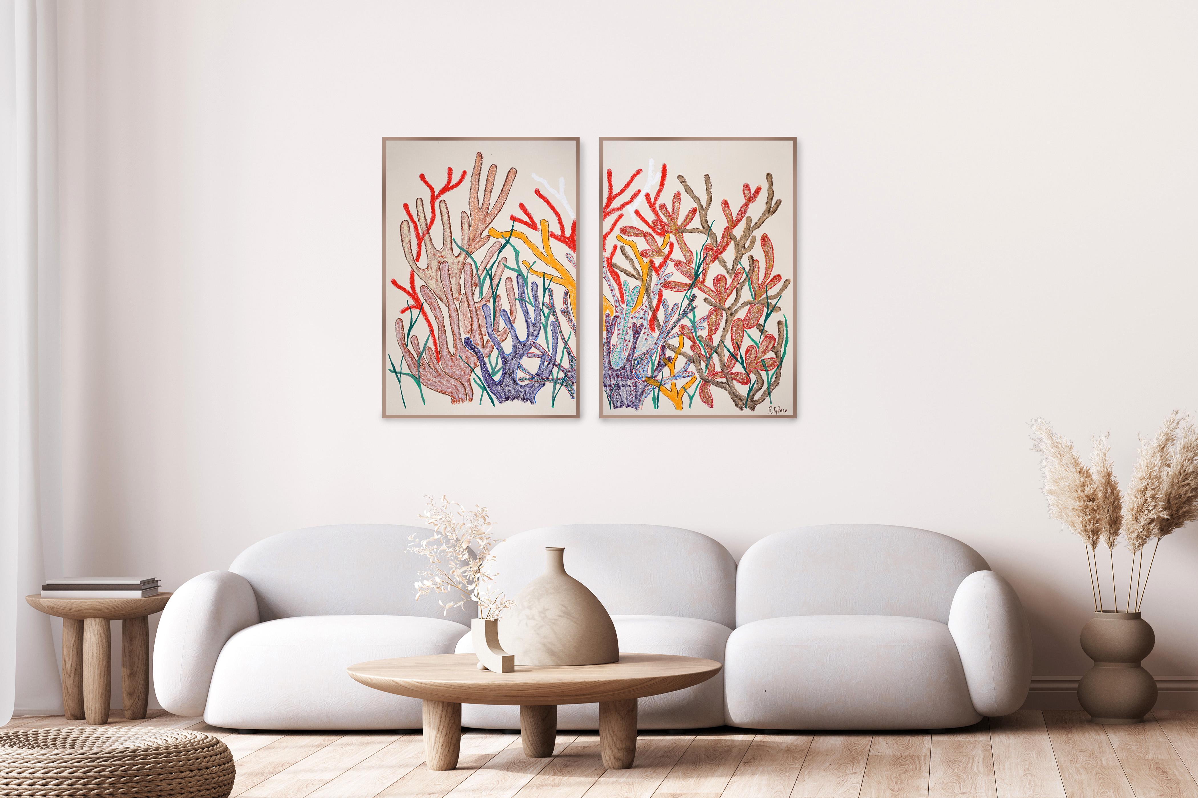 Dittico Foresta di Corallo dai toni terrestri, illustrazione della barriera corallina, pittura biomorfa - Painting di Romina Milano