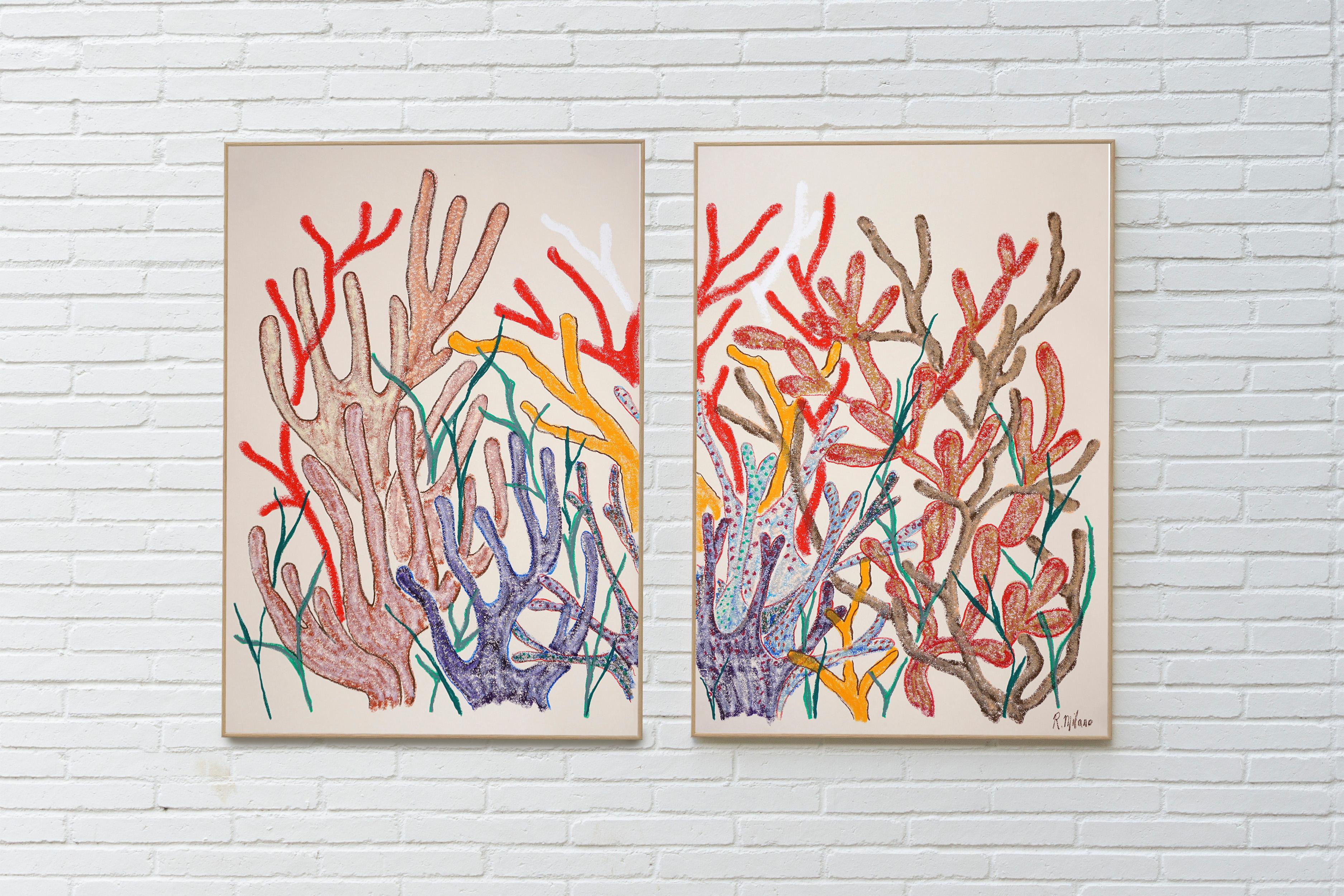 Dittico Foresta di Corallo dai toni terrestri, illustrazione della barriera corallina, pittura biomorfa - Painting Naturalismo di Romina Milano