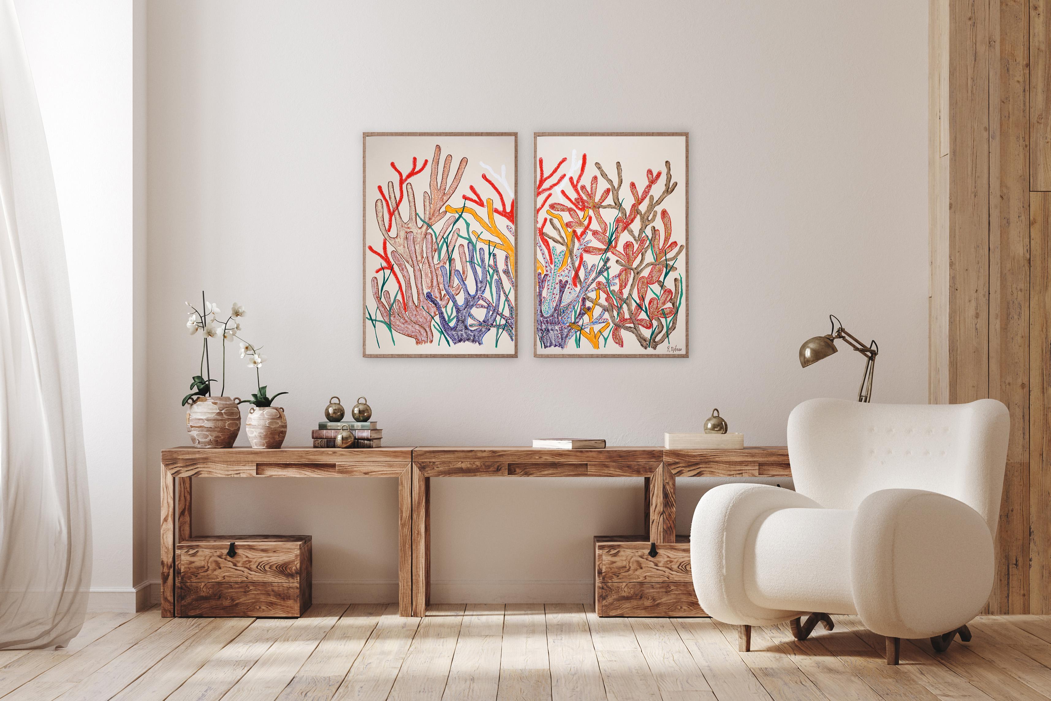 Dittico Foresta di Corallo dai toni terrestri, illustrazione della barriera corallina, pittura biomorfa in vendita 1