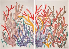 Dittico Foresta di Corallo dai toni terrestri, illustrazione della barriera corallina, pittura biomorfa