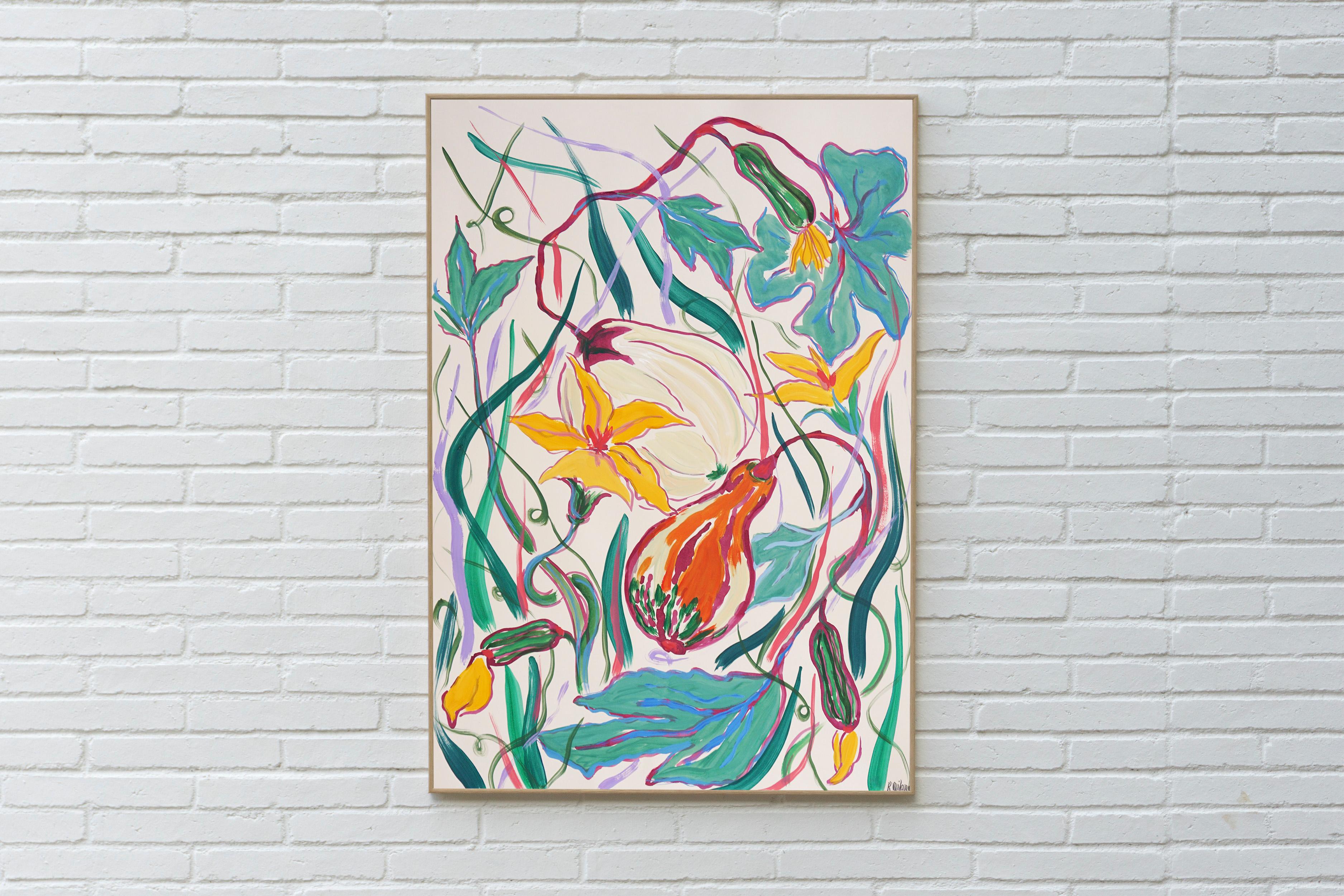 Pittura illustrativa in stile fauvista del raccolto autunnale IV, toni caldi su carta - Painting di Romina Milano