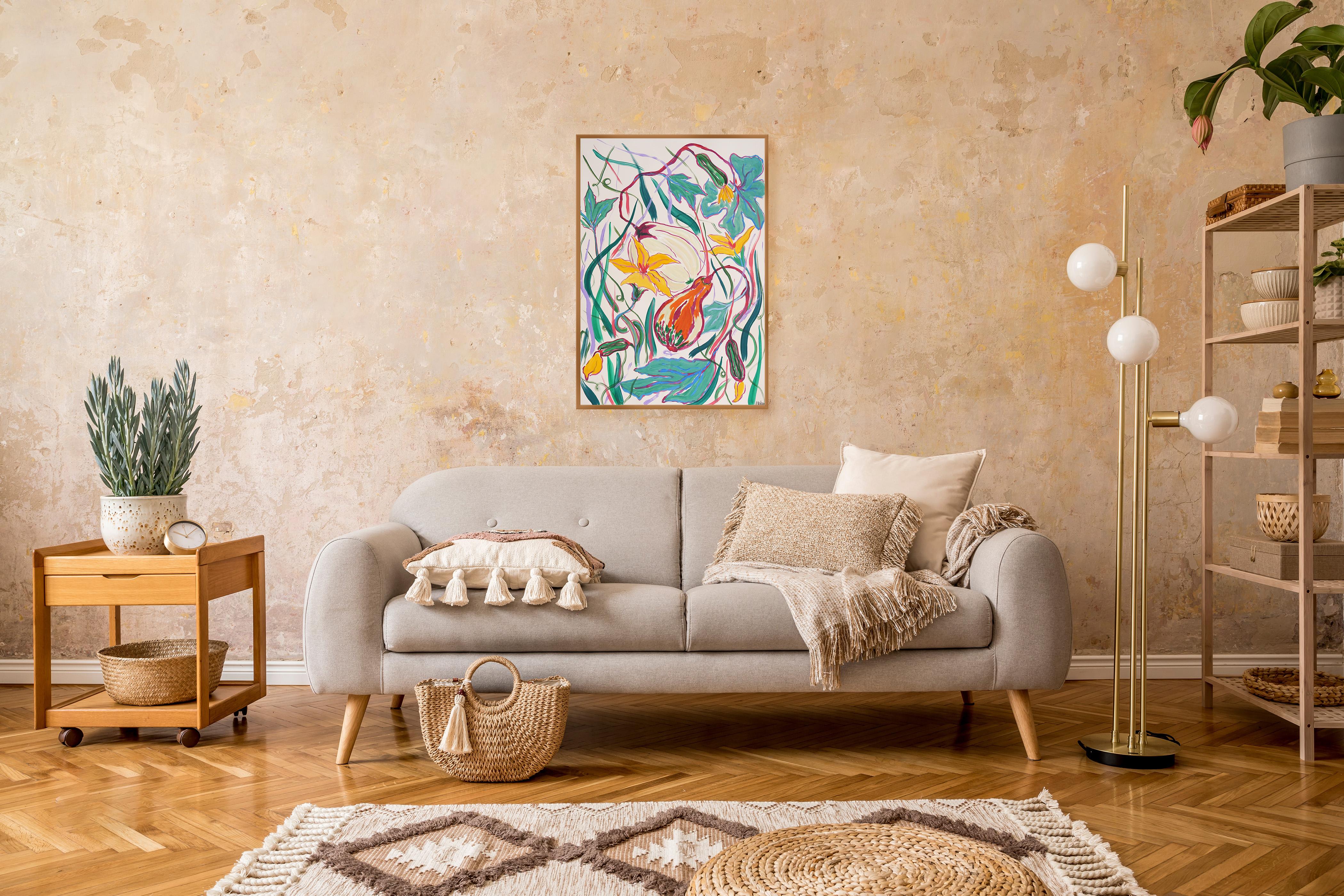 Pittura illustrativa in stile fauvista del raccolto autunnale IV, toni caldi su carta - Landscape Painting Grigio di Romina Milano