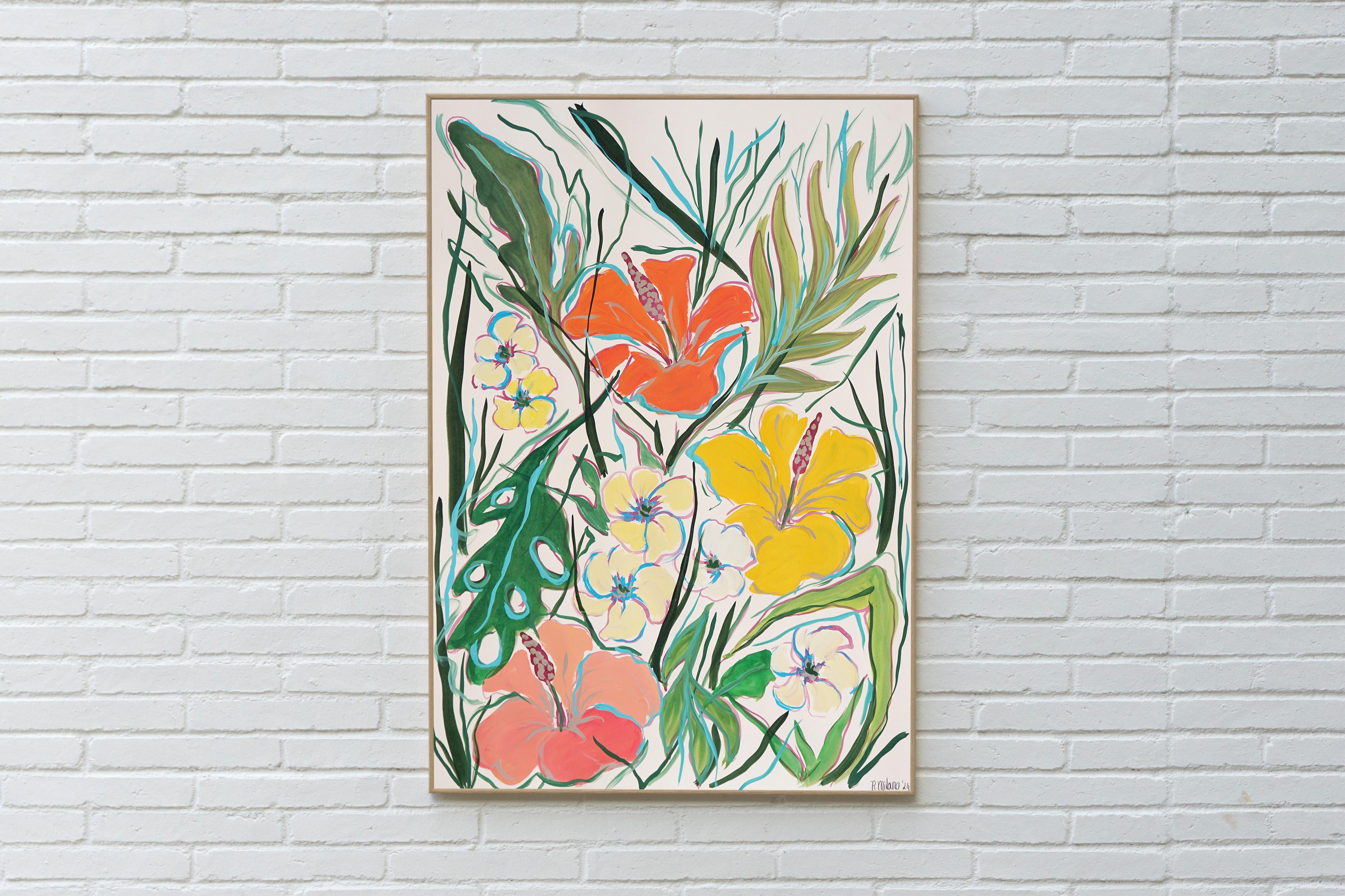 Illustrationsgemälde im fauvistischen Stil, tropische Hibiskusblüten, Korallentöne, Papier – Painting von Romina Milano