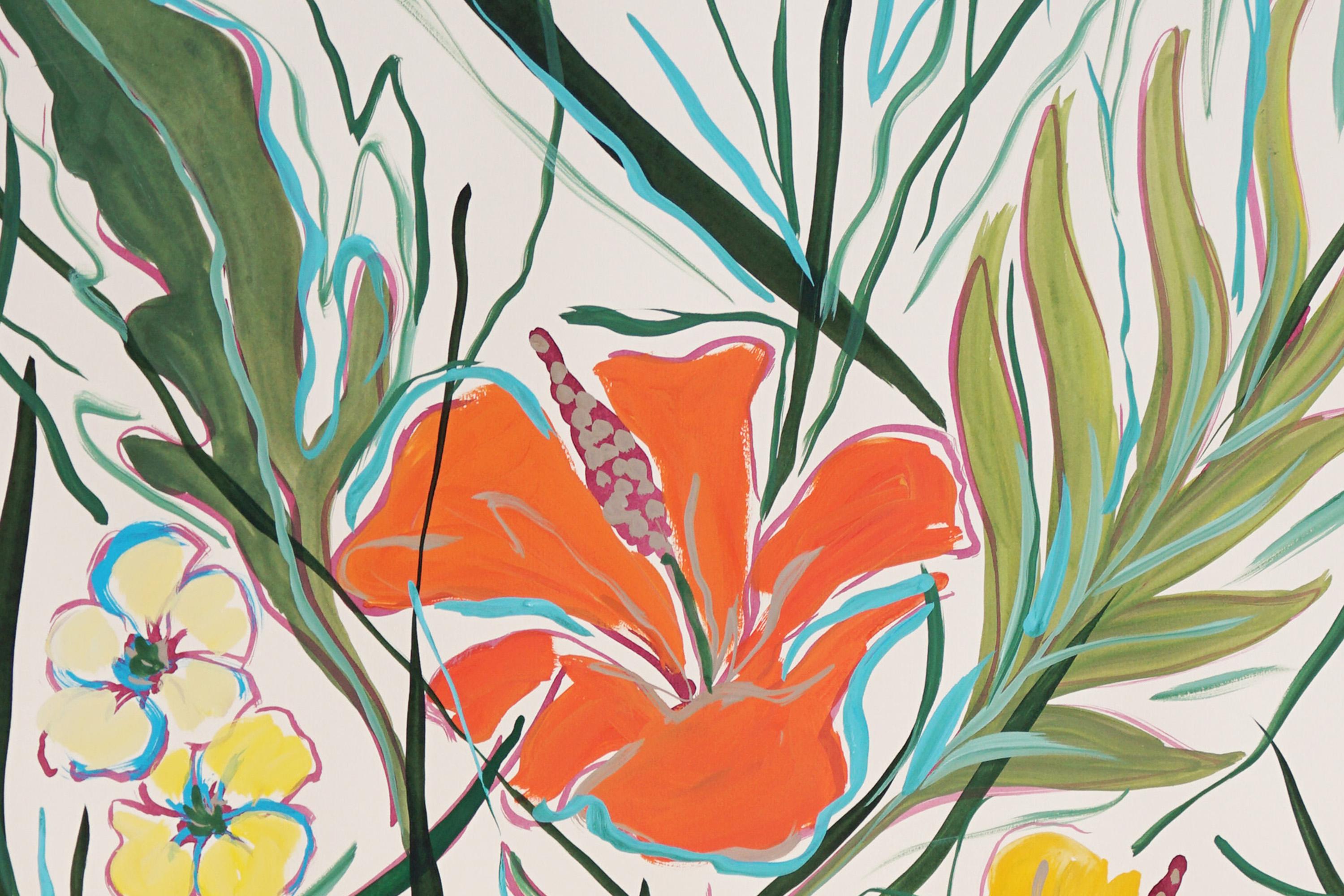 Illustrationsgemälde im fauvistischen Stil, tropische Hibiskusblüten, Korallentöne, Papier (Fauvismus), Painting, von Romina Milano
