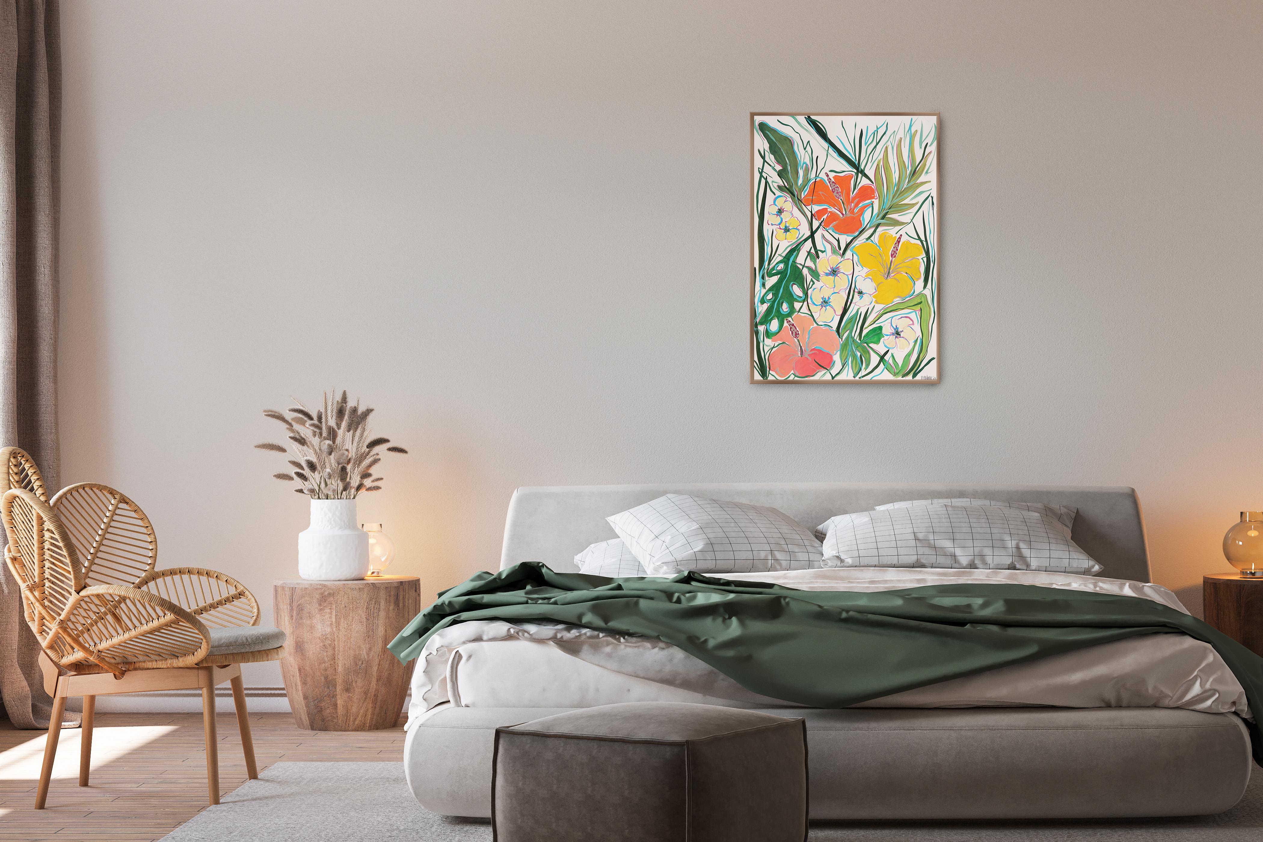 Illustrationsgemälde im fauvistischen Stil, tropische Hibiskusblüten, Korallentöne, Papier (Beige), Still-Life Painting, von Romina Milano