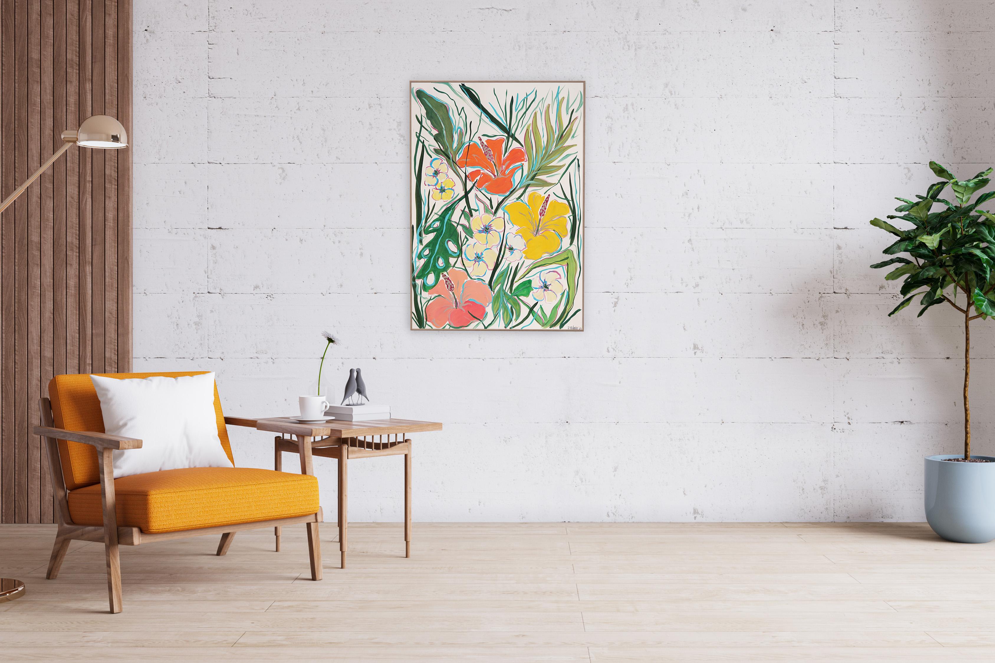 Illustrationsgemälde im fauvistischen Stil, tropische Hibiskusblüten, Korallentöne, Papier im Angebot 1