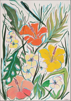 Peinture d'illustration fauviste, fleur de hibiscus tropicale, tons corail, papier