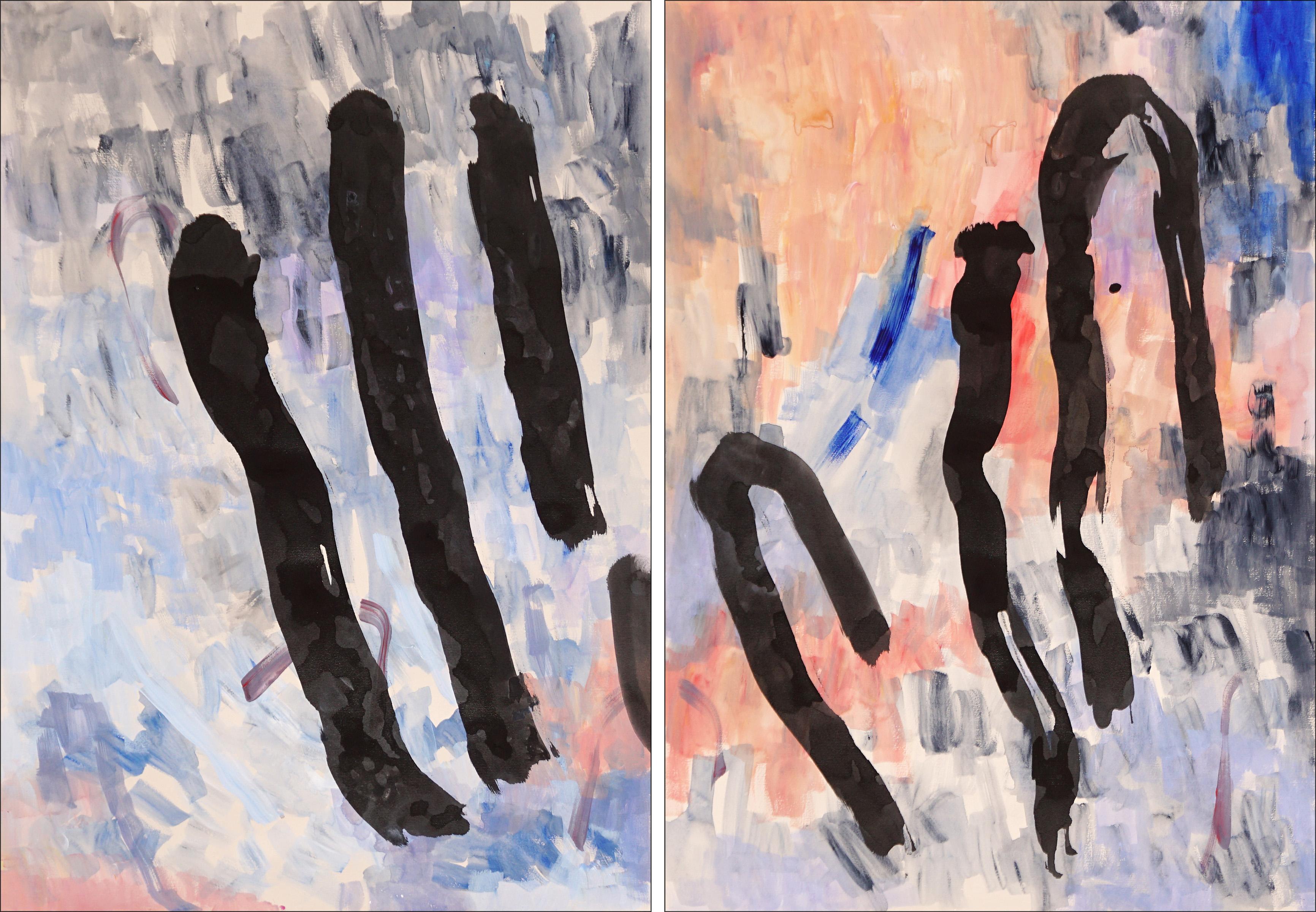 Romina Milano Abstract Painting - Figures at Dawn, Abstract Expressionist Diptych,  Black Gestures, Sky Background