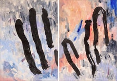 Figures at Dawn, Abstract Expressionist Diptych,  Black Gestures, Sky Background