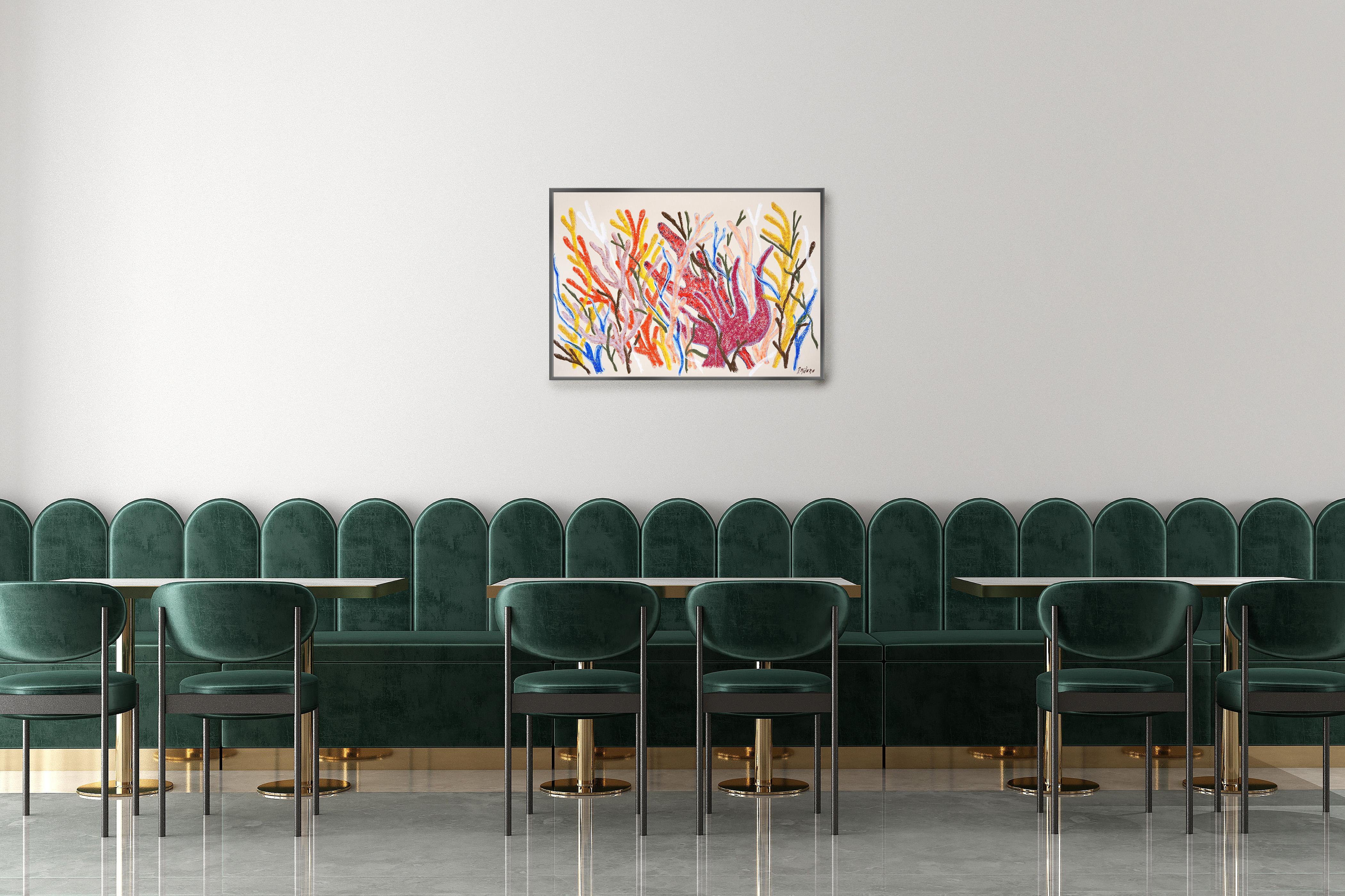 Fire Corals, Biomorphic Seascape in Red, Illustration Style Abstract Branches - Beige Landscape Painting by Romina Milano