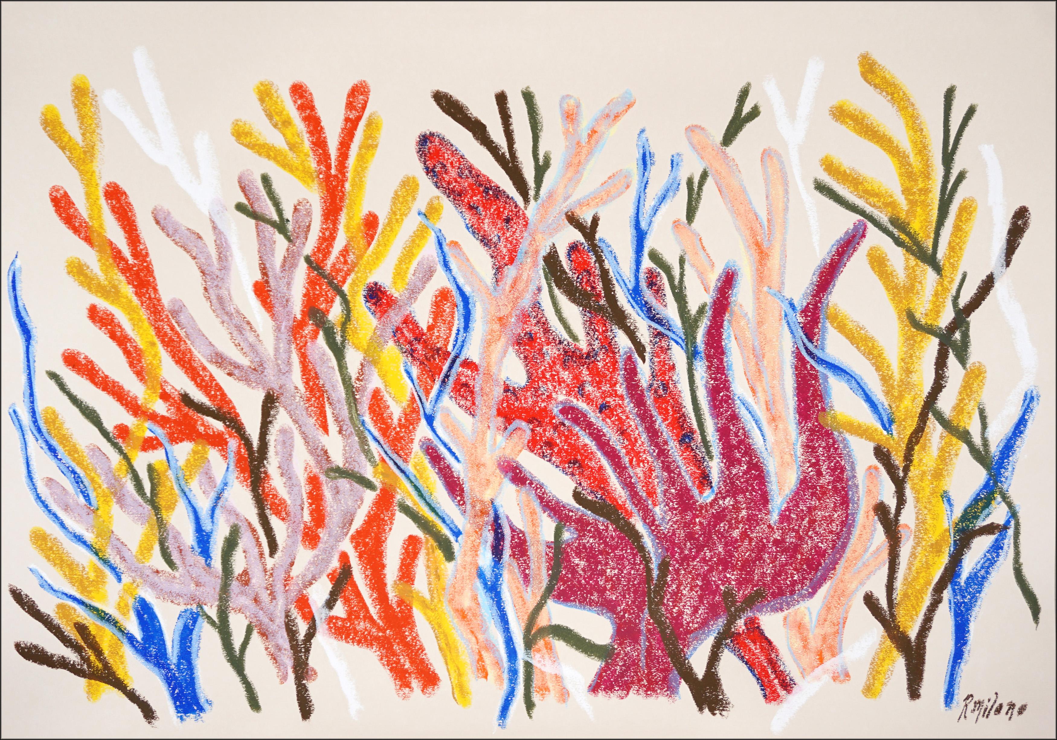 Romina Milano Landscape Painting - Fire Corals, Biomorphic Seascape in Red, Illustration Style Abstract Branches