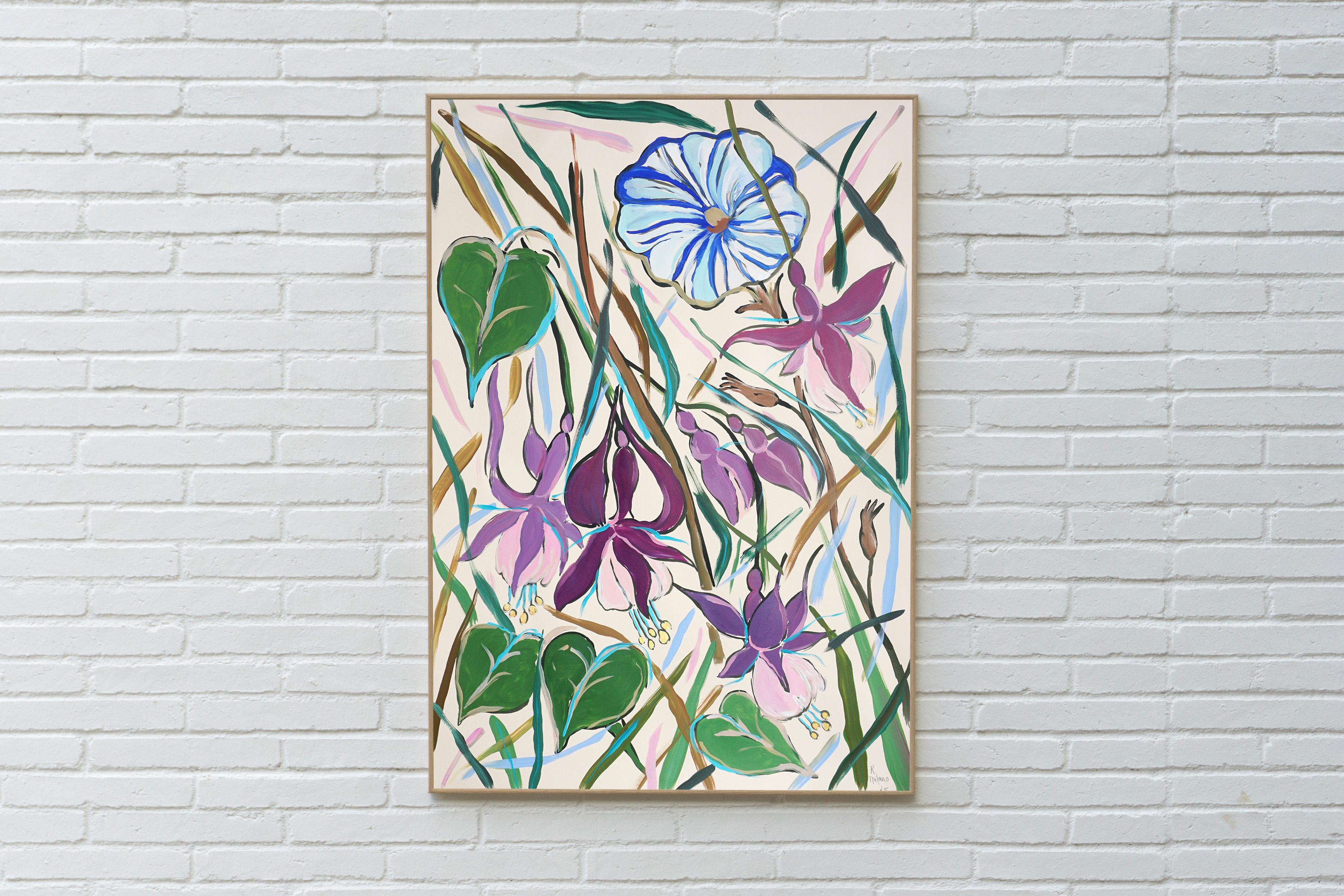 Campanule fucsia, pittura in stile illustrazione, fiori selvatici, bouquet di primavera - Painting di Romina Milano