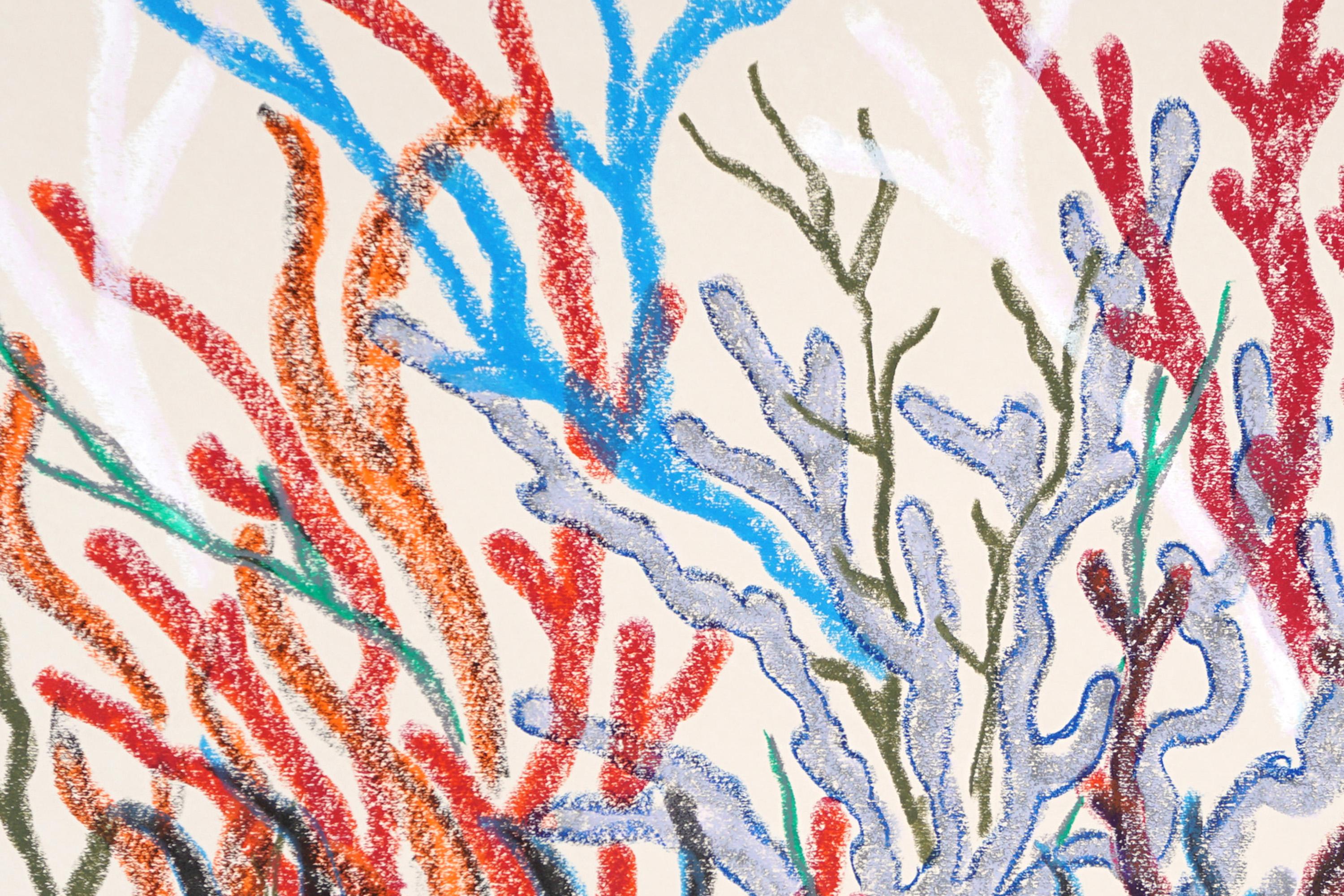Gray and Brown Corals ist ein wunderschönes Originalgemälde, das die Energie organischer Formen durch wiederholte Linien und Gesten erforscht. Astähnliche Formen schlängeln sich in wechselnden Rot-, Blau-, Gelb- und Grüntönen über das Papier und