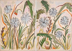 Gray Wild Dandelion Field, Floral Diptych, Expressionist Countryside Landscape  