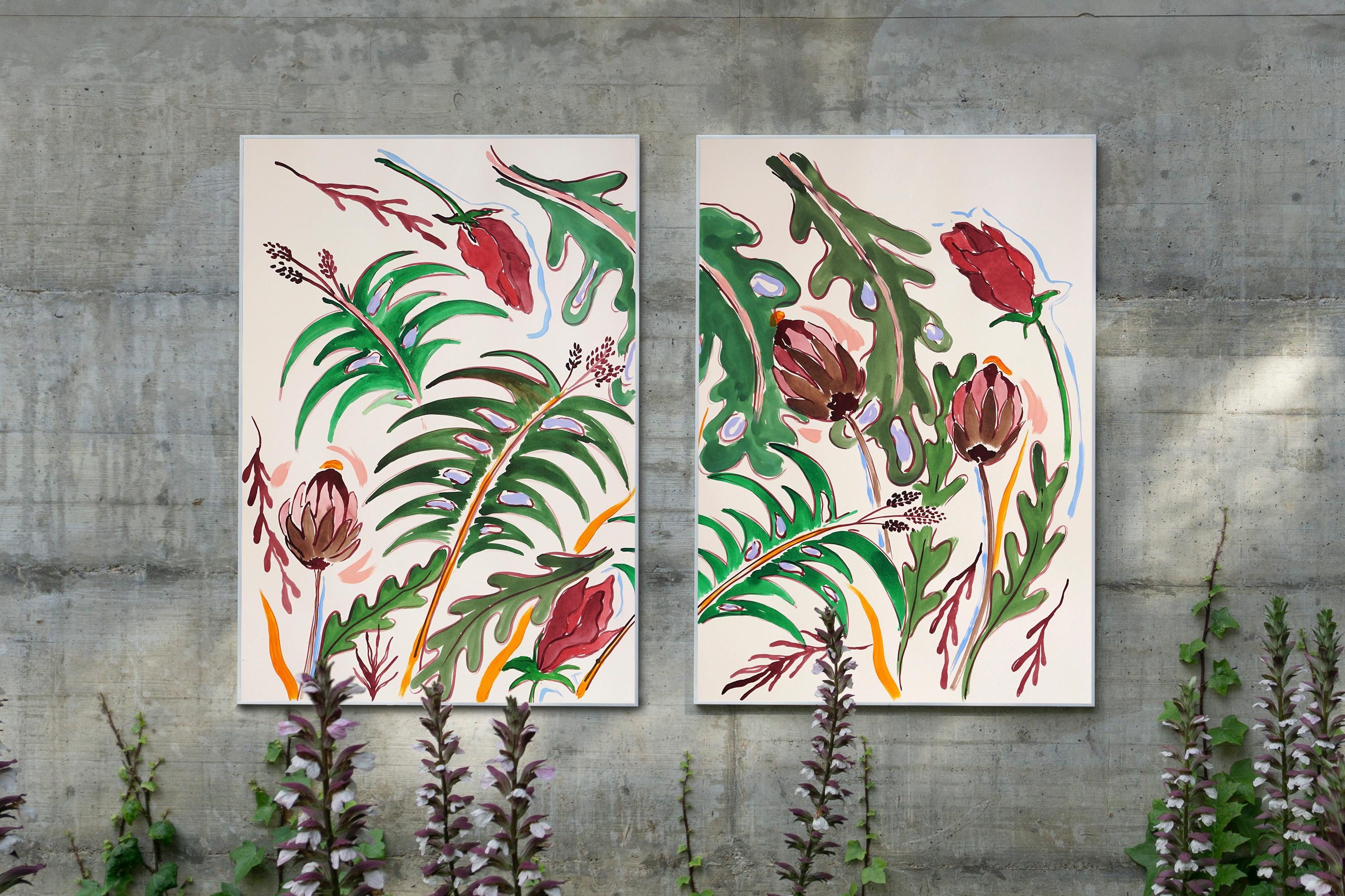 Foglie verdi tropicali, carciofi selvatici, dittico in stile illustrazione,  Fiori rossi - Painting di Romina Milano